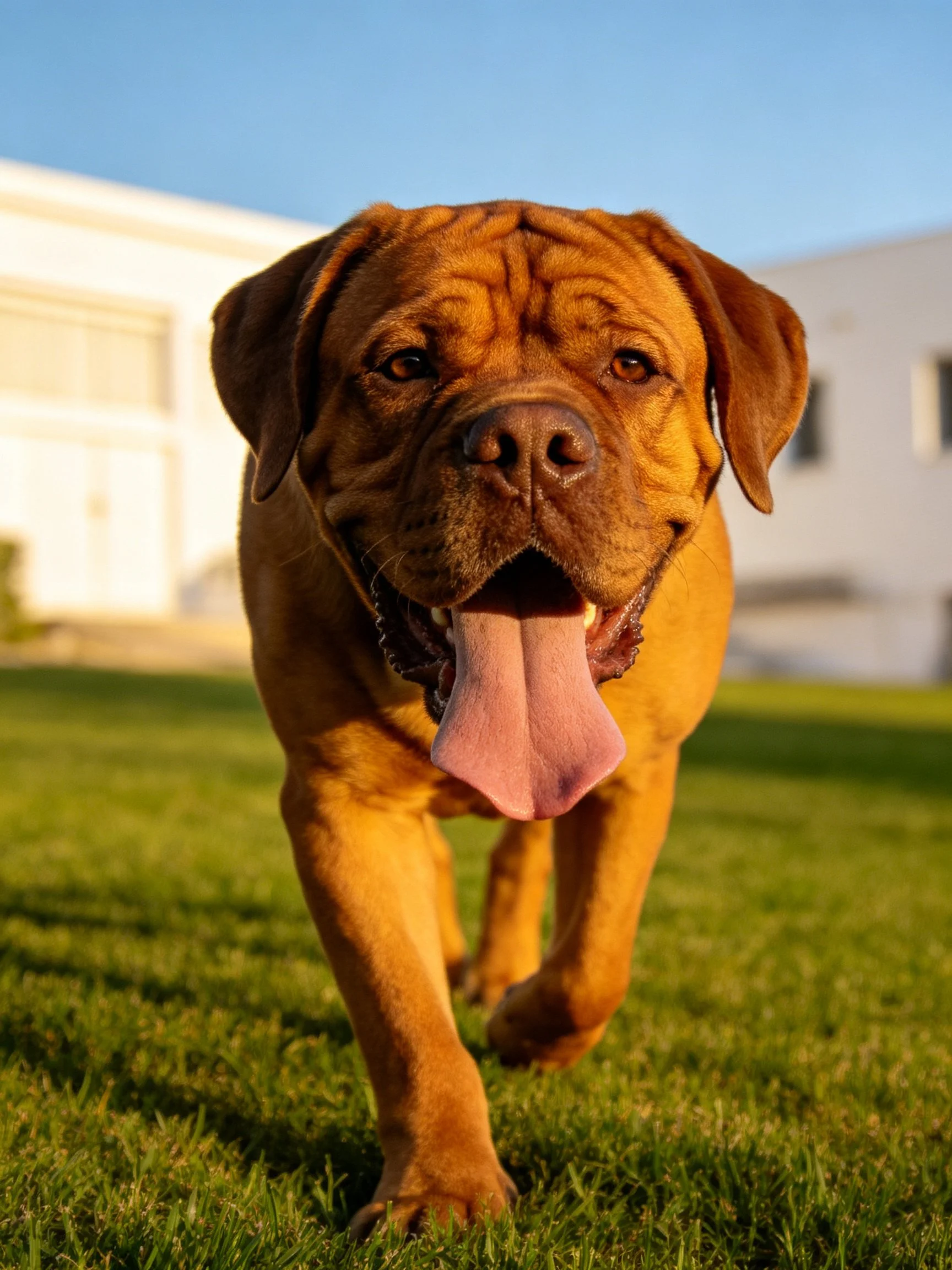 A brown dog walks on green grass near white buildings.