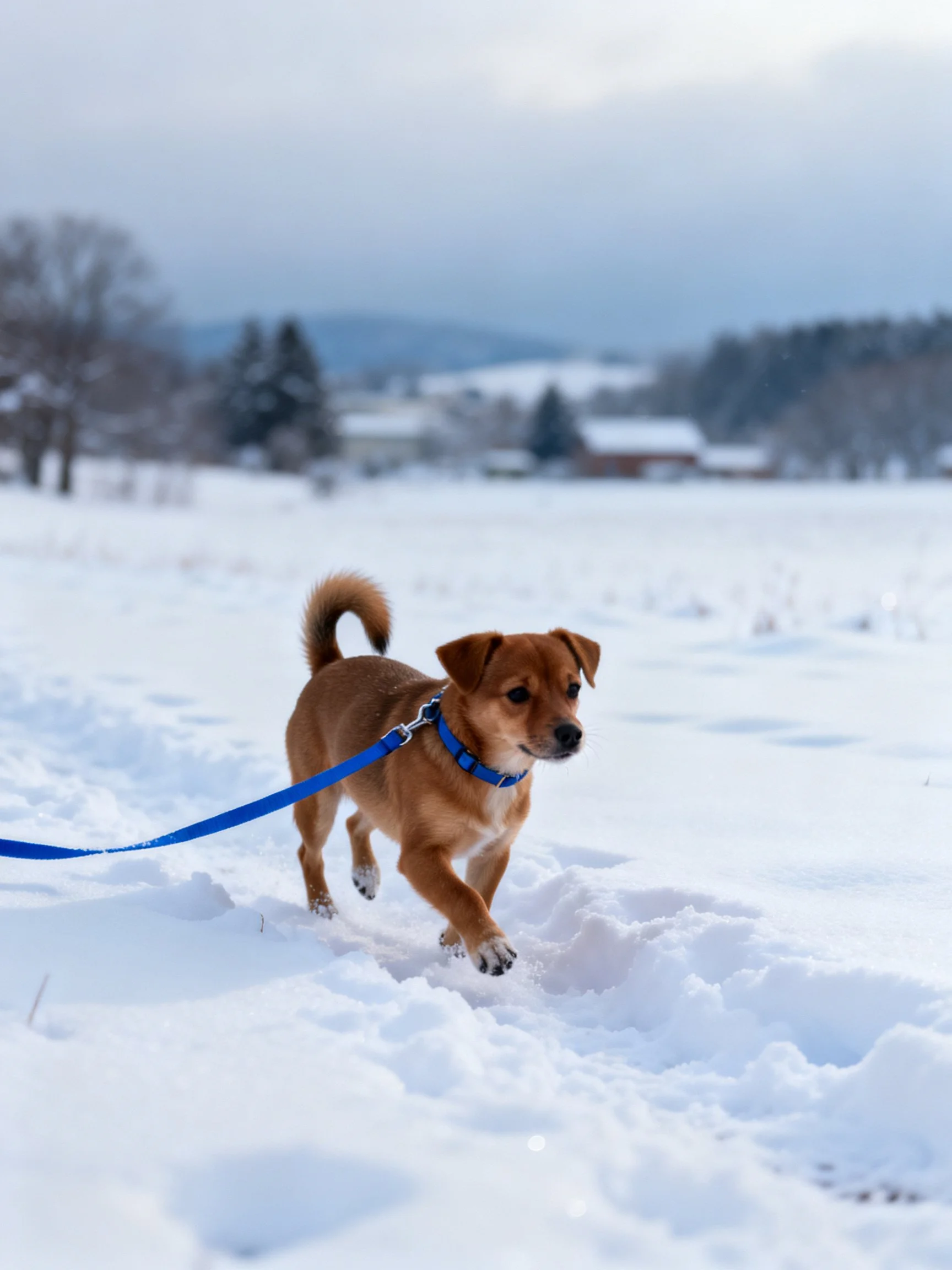 A small brown dog walks through snow with a blue leash