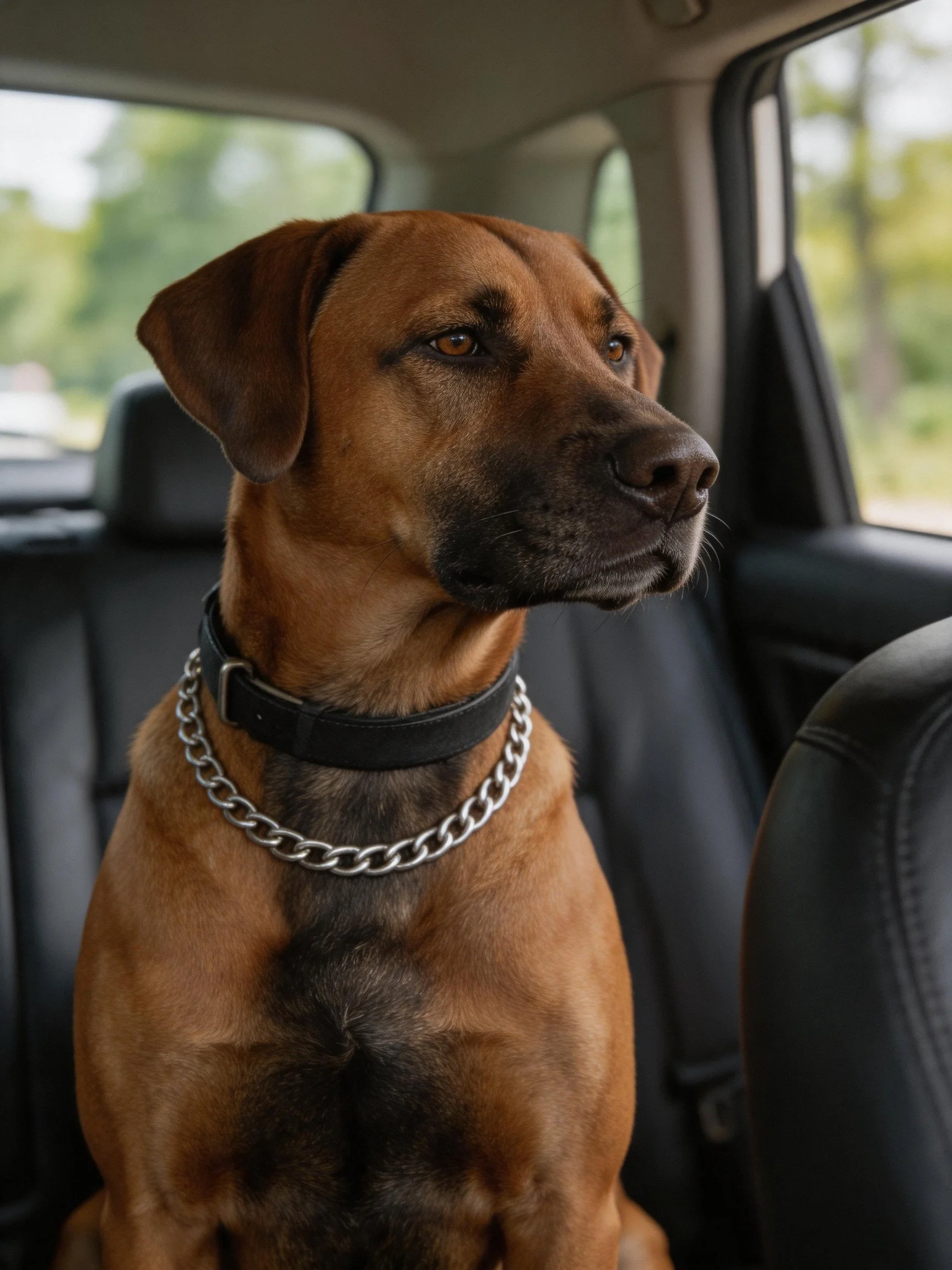 A brown dog wearing a black collar and silver chain sits inside a car