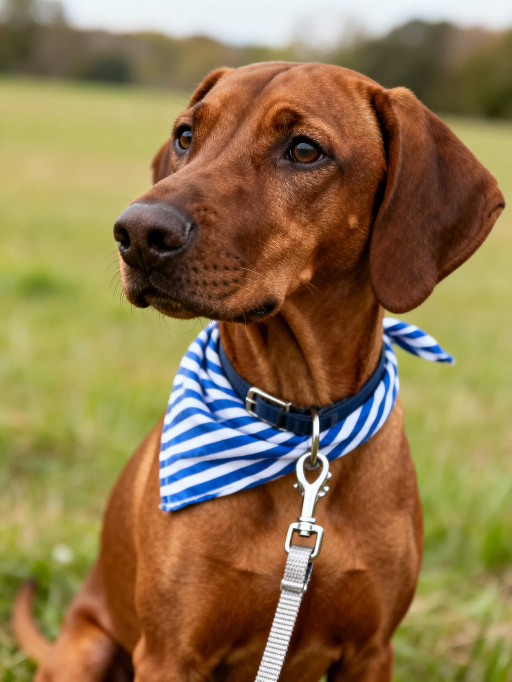 A brown dog wearing a blue and white striped bandana outdoors