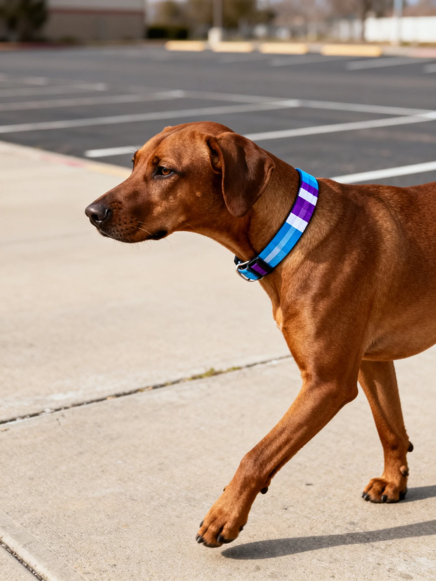 A brown dog with a blue-purple striped collar walks along a concrete path near an empty parking lot.