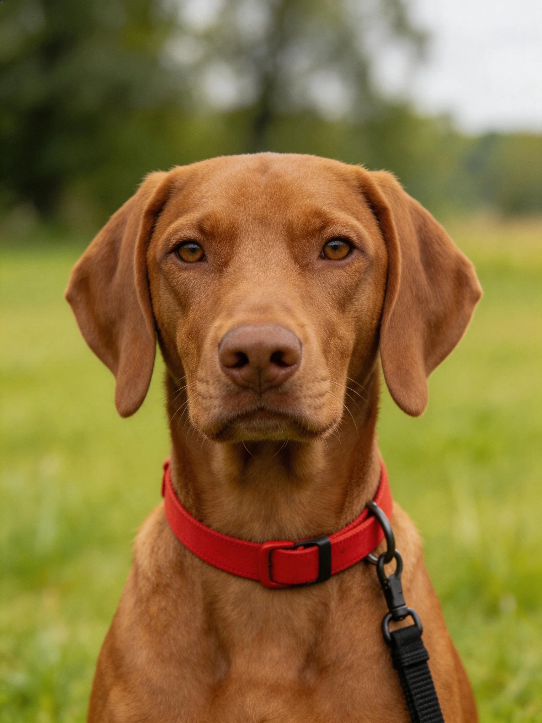 A brown dog with a red collar is in a green outdoor area.