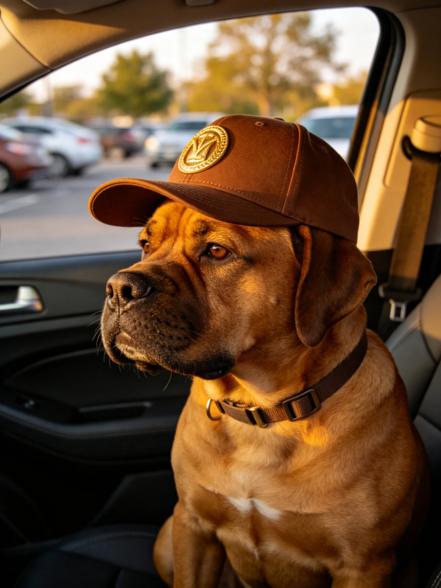 A brown dog wearing a brown cap sits inside a car
