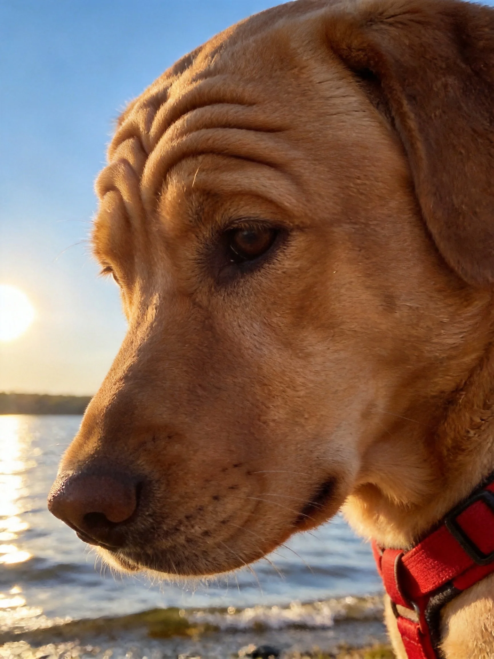 A brown dog wearing a red harness by a lake at sunset