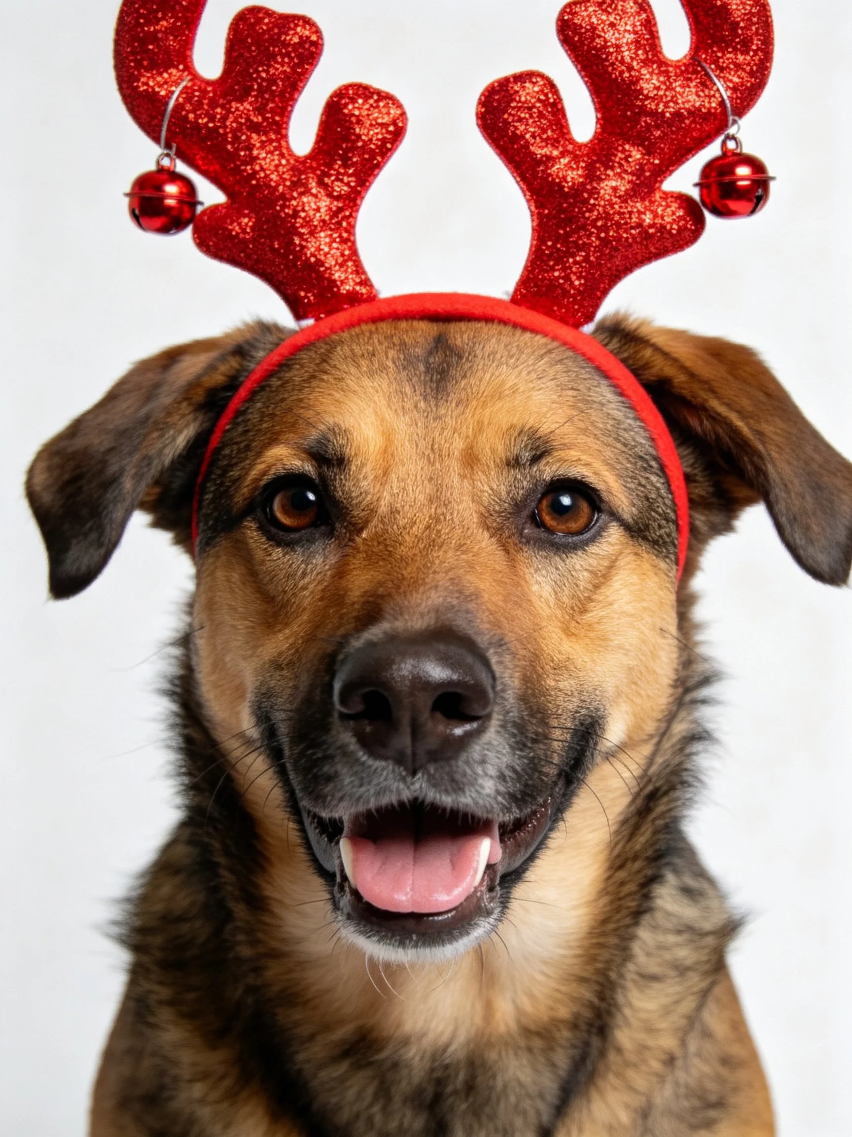 A brown dog wearing glittery red reindeer antlers with bells
