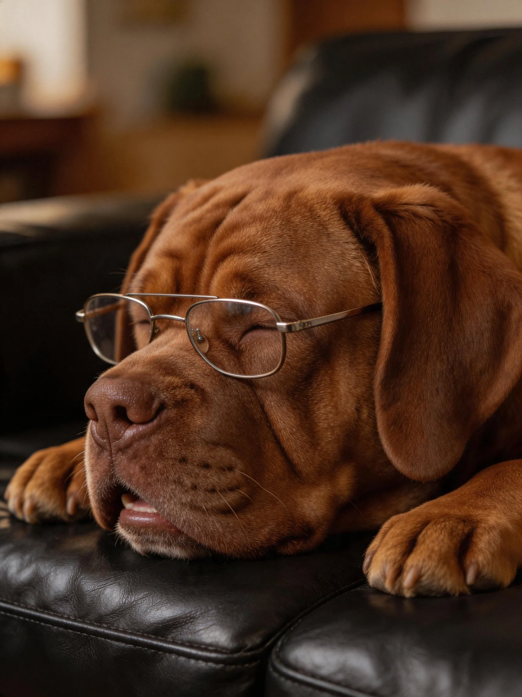 A brown dog with glasses naps on a black leather couch