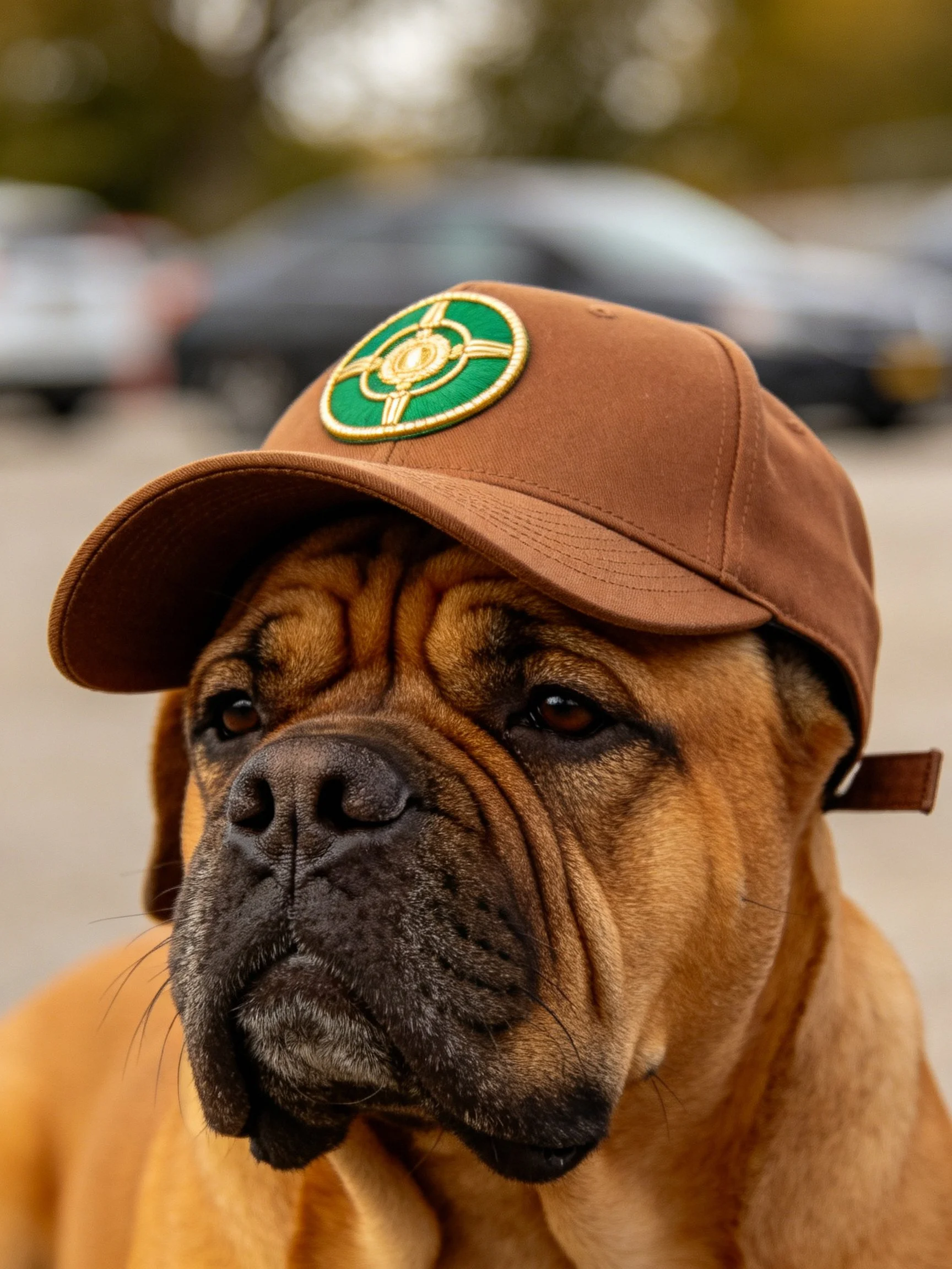 A brown dog wears a brown cap with a green emblem