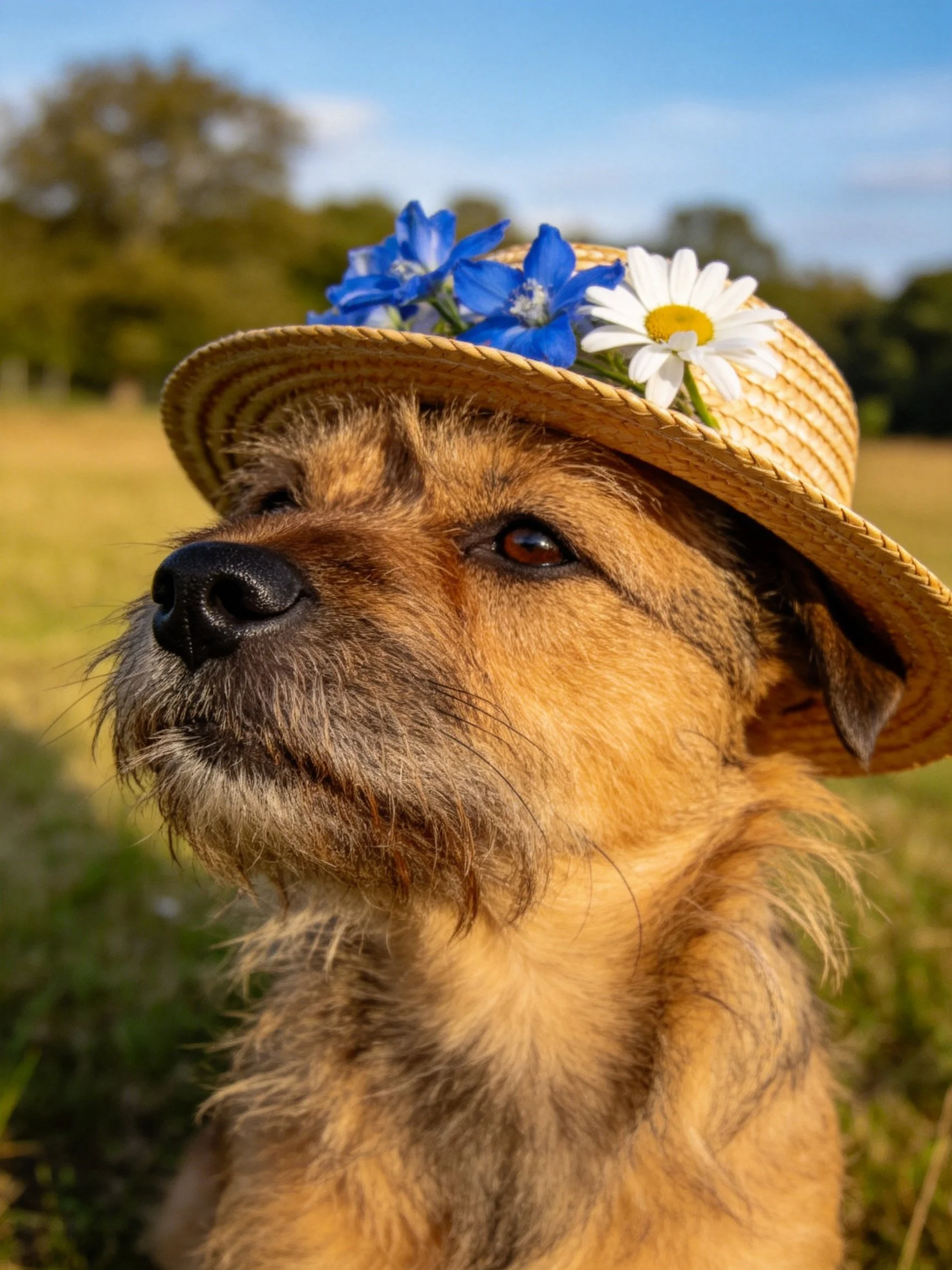 A brown dog wears a straw hat with blue and white flowers