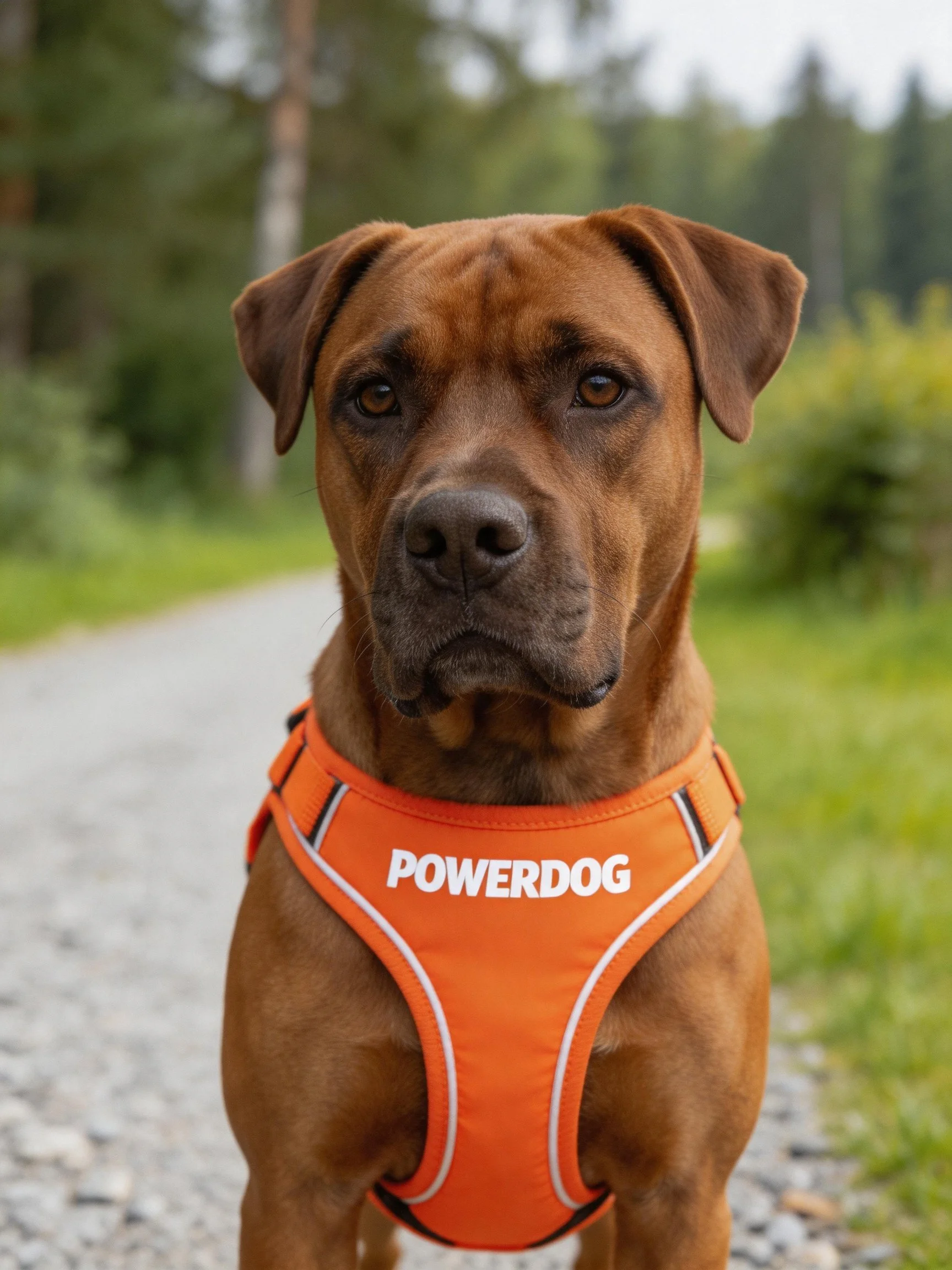 A brown dog wears an orange POWERDOG harness on a gravel path