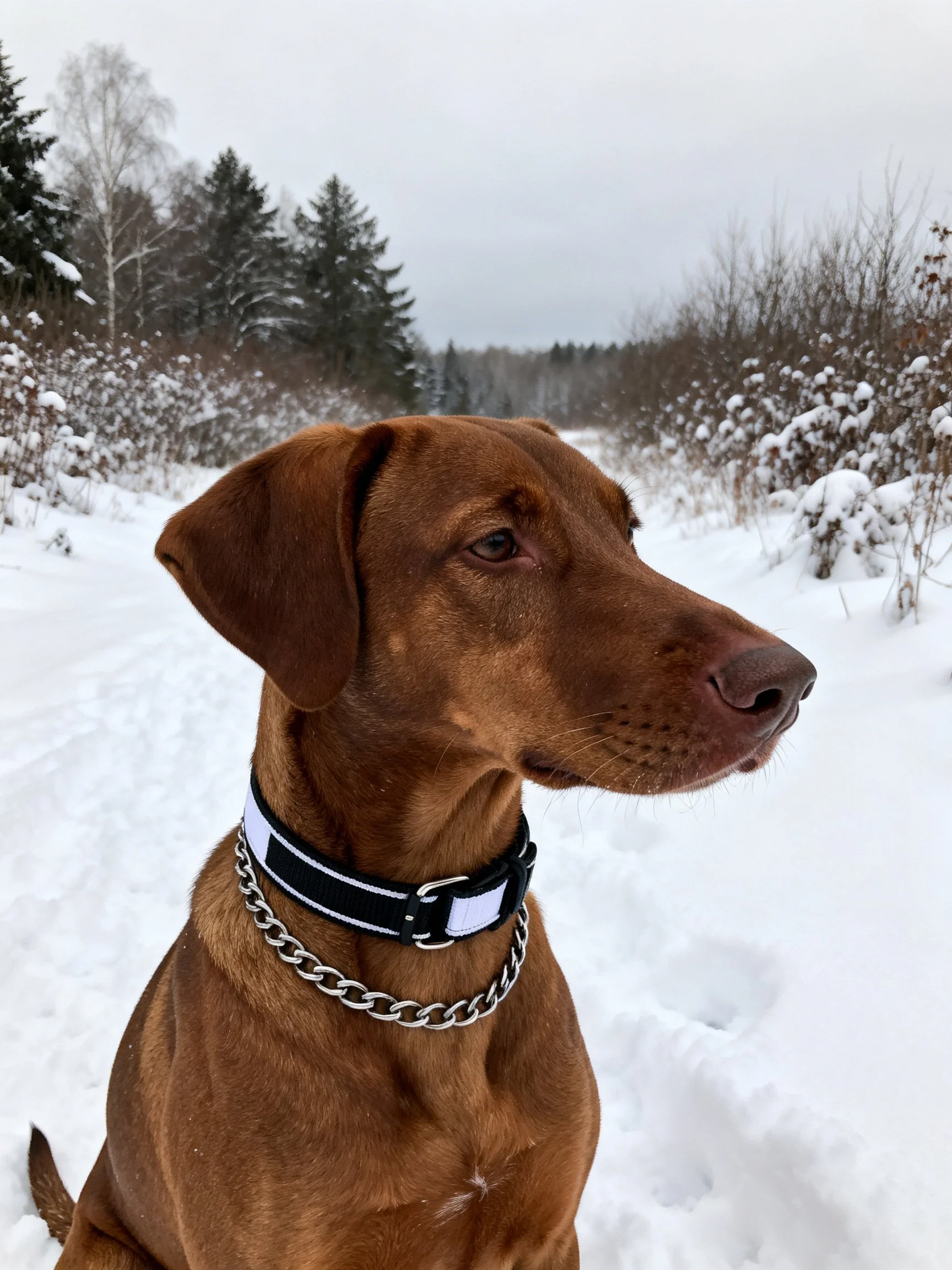 A brown dog with a black and silver collar is positioned in a snowy outdoor environment.