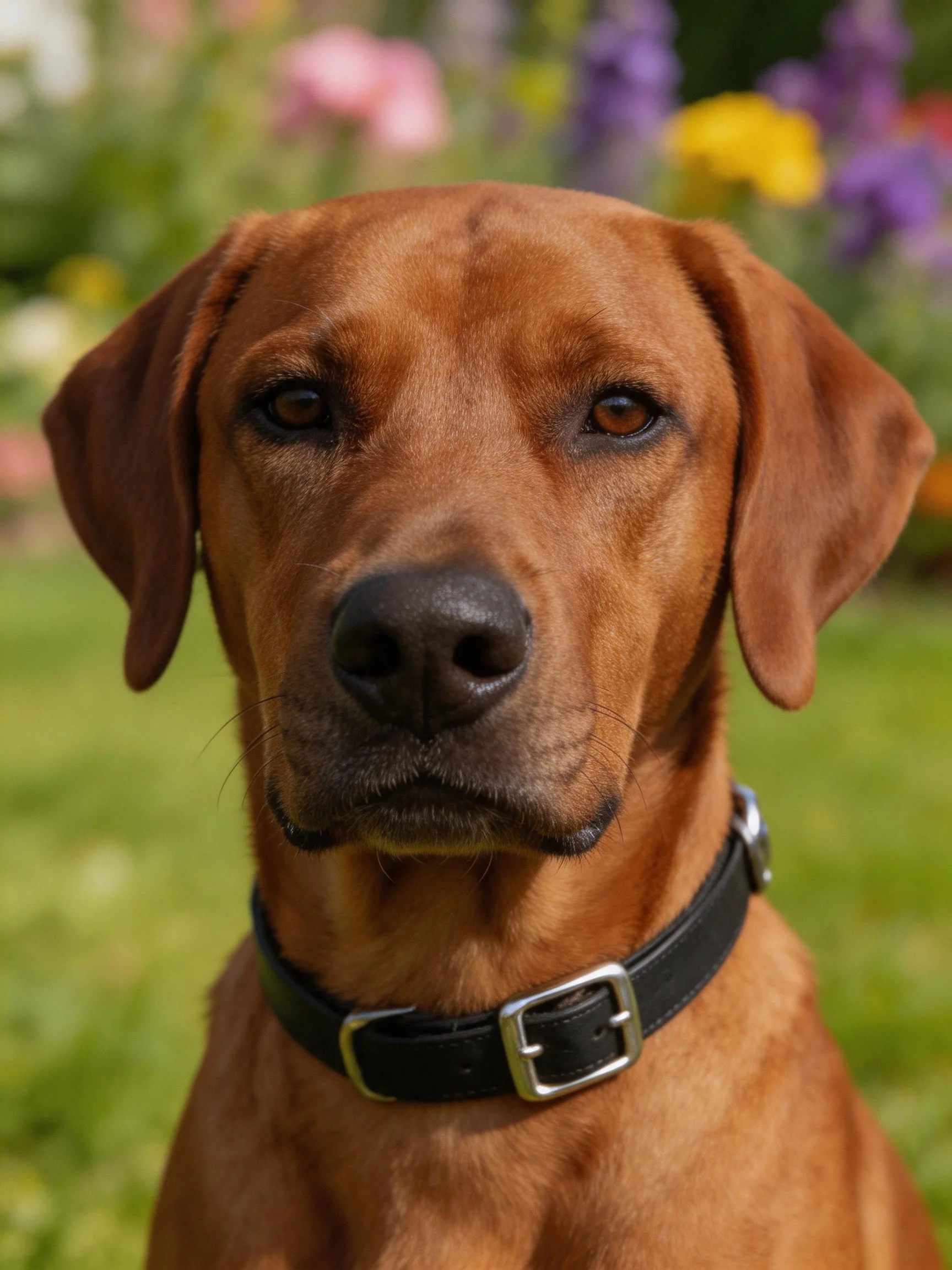 A brown dog with a black collar is amid a garden with colorful flowers