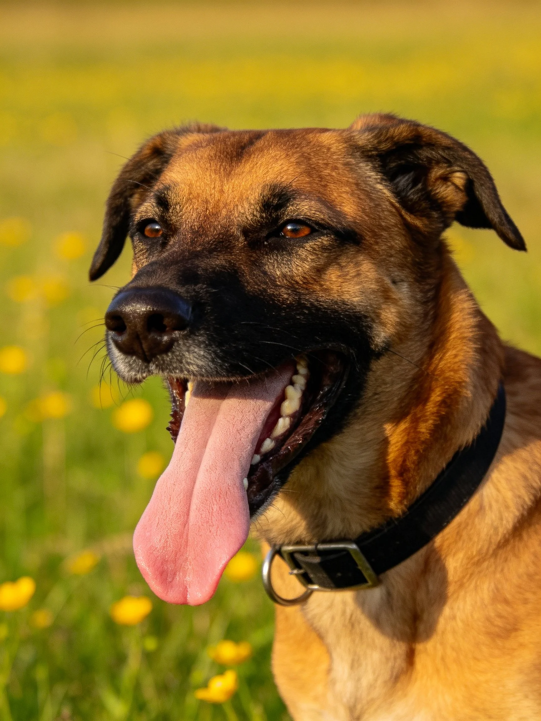 A brown dog pants joyfully in a sunlit meadow with yellow flowers.