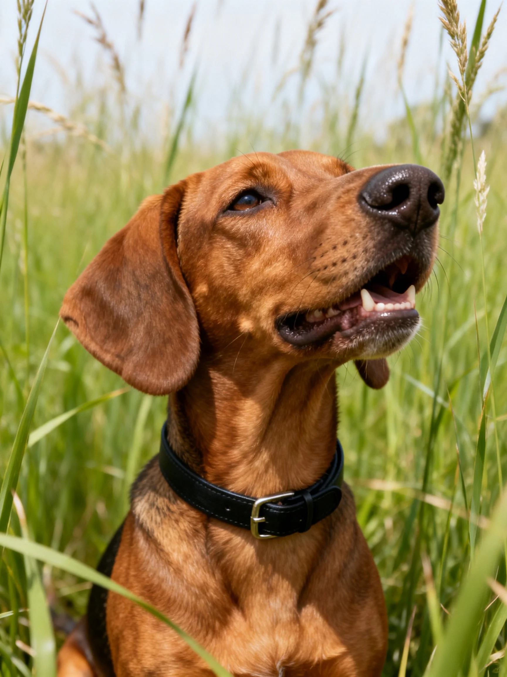 A brown dog with a black collar is surrounded by tall green grass.