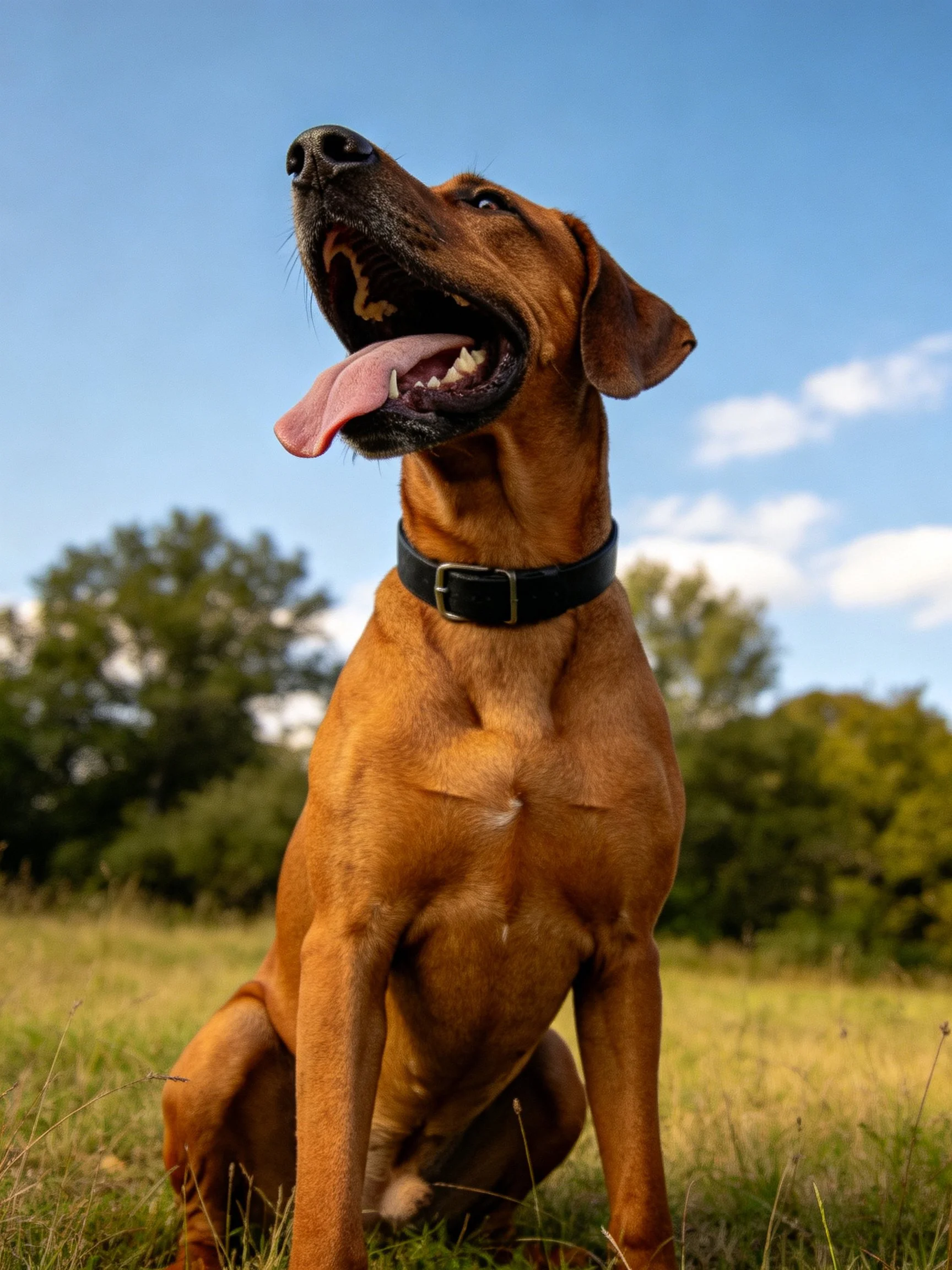 A brown dog sits outdoors with its mouth open