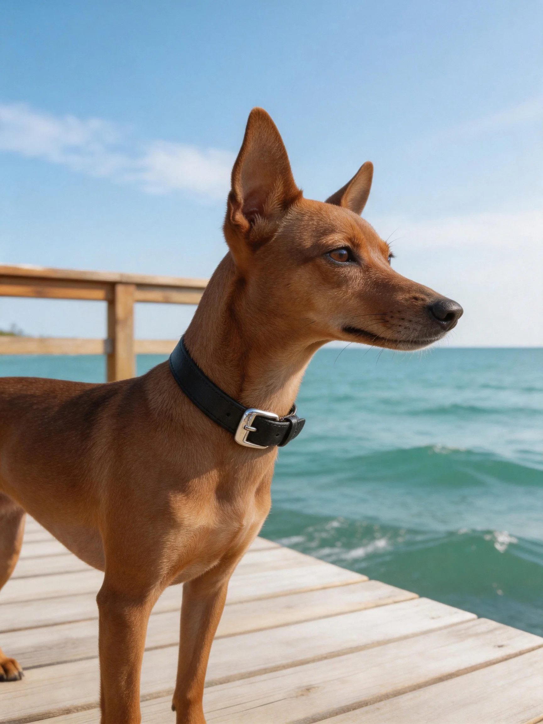 A brown dog with a black collar overlooks the sea from a wooden dock