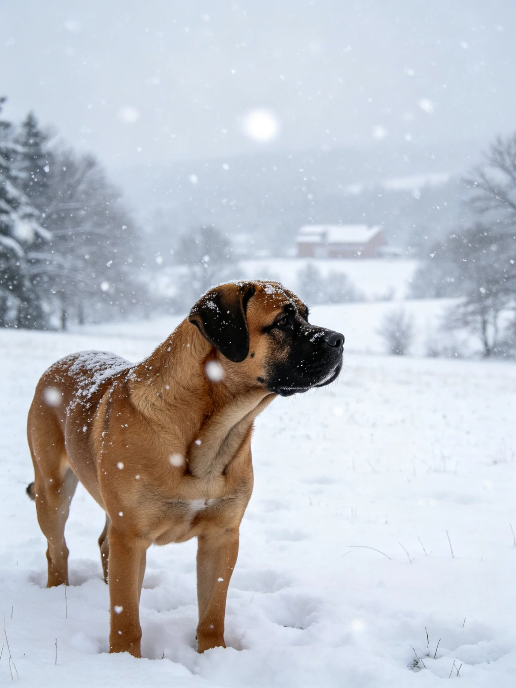 A brown dog with a black muzzle stands in a snowy field amid falling snowflakes.