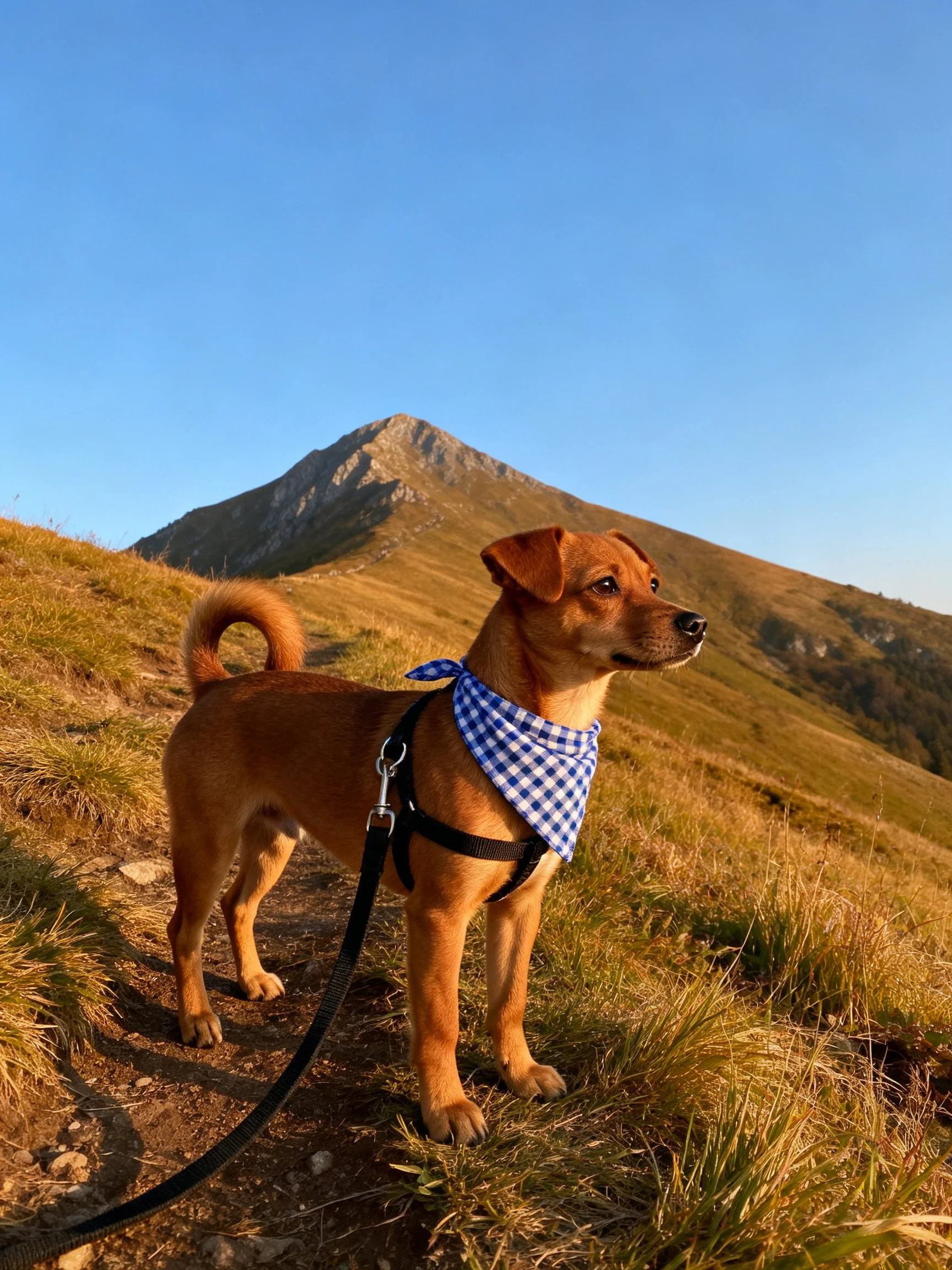 A brown dog with a blue checkered bandana stands on a grassy hillside near a mountain.