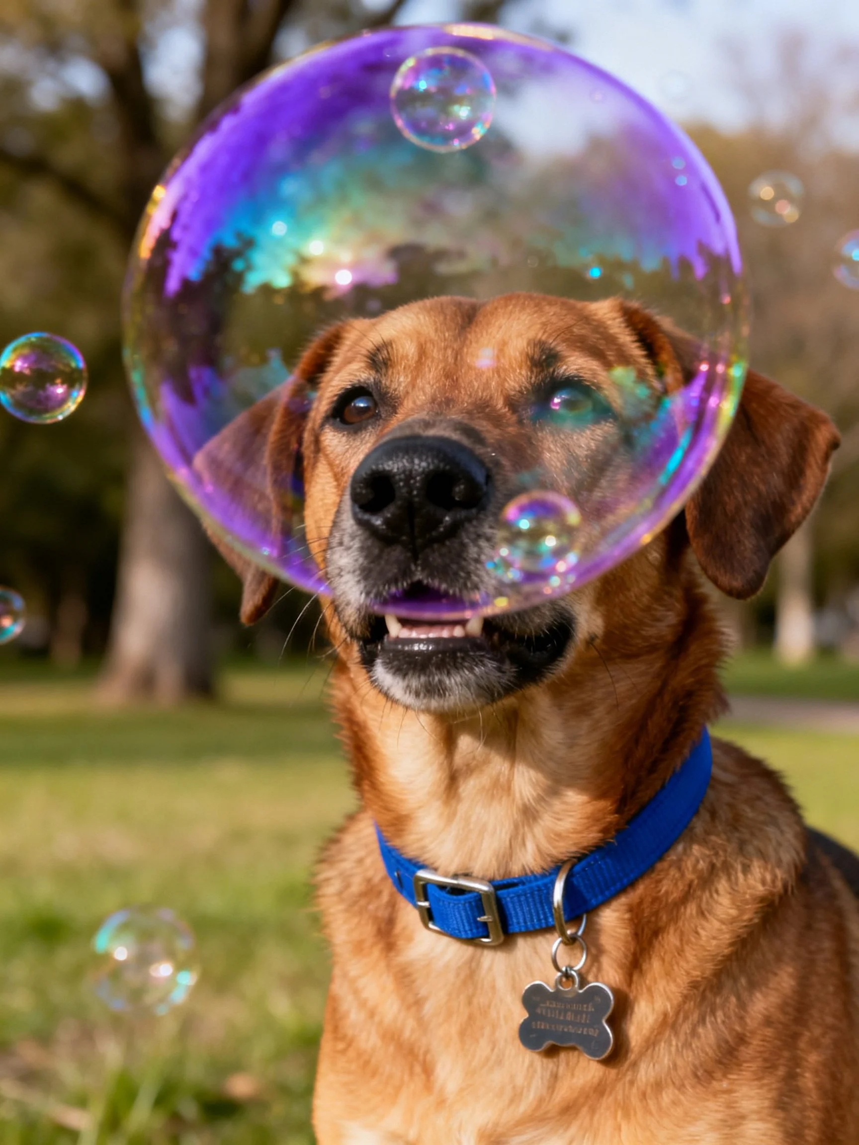 A brown dog with a blue collar interacts with large, colorful soap bubbles outdoors.