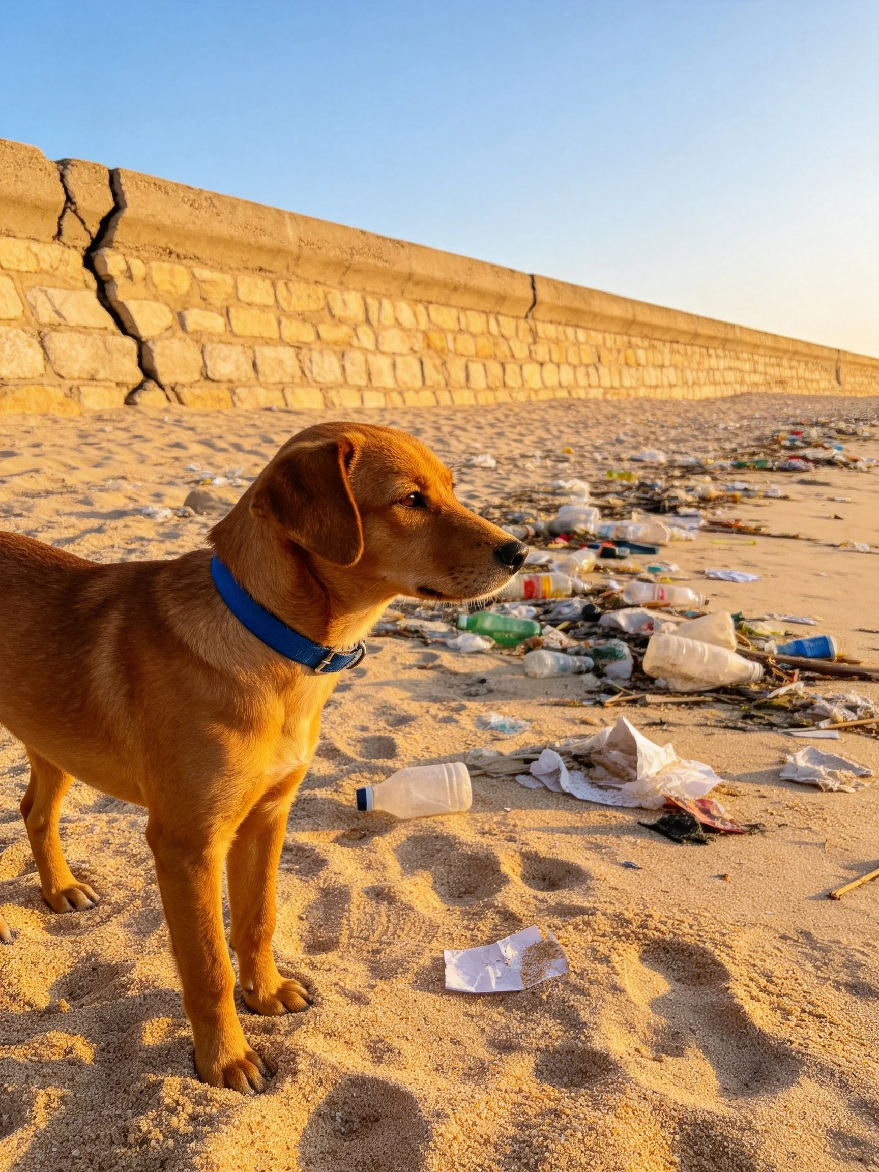A brown dog with a blue collar on a litter-strewn sandy beach near a stone wall