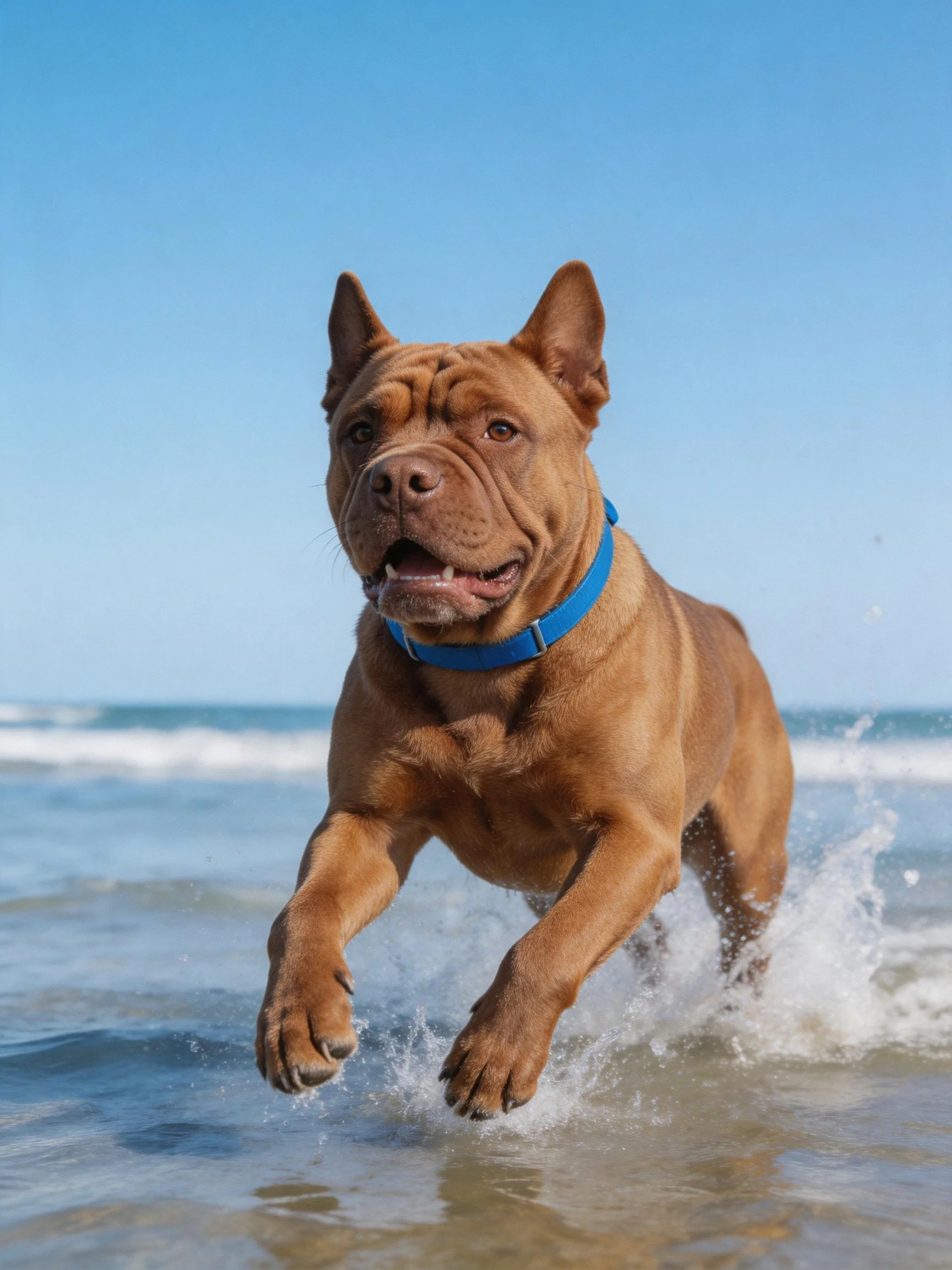 A brown dog with a blue collar running in shallow ocean water