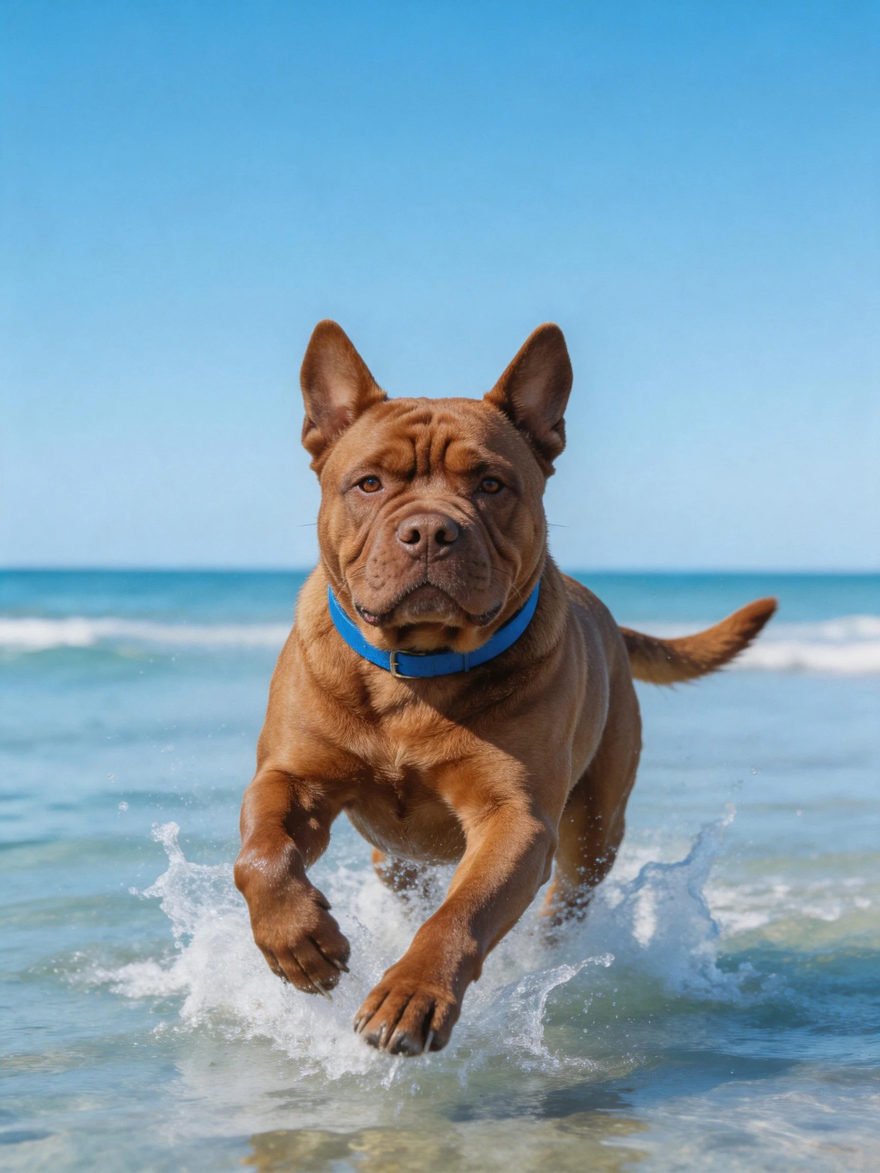 A brown dog with a blue collar runs through shallow ocean water