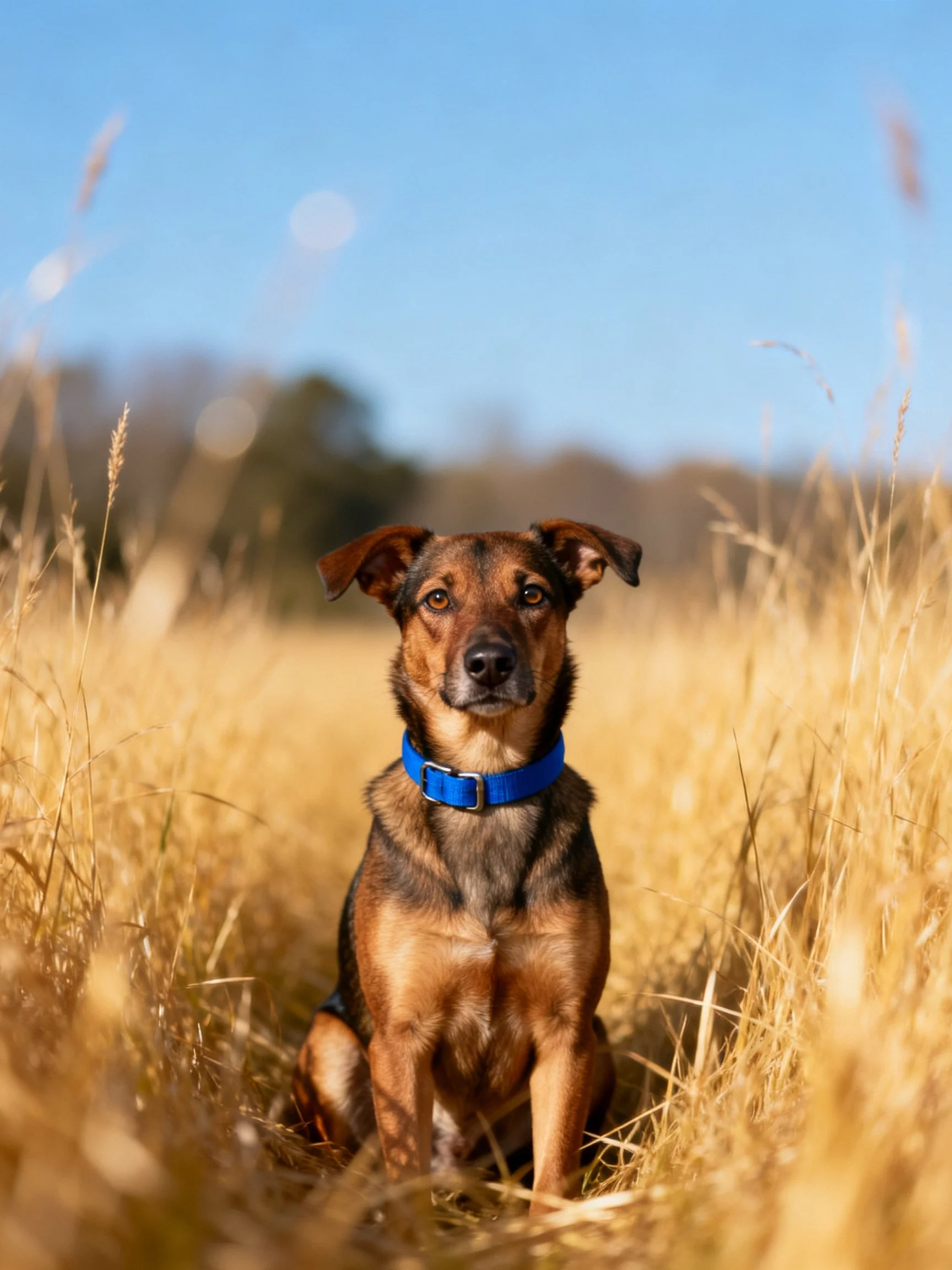 A brown dog with a blue collar sits in a field of golden grass.