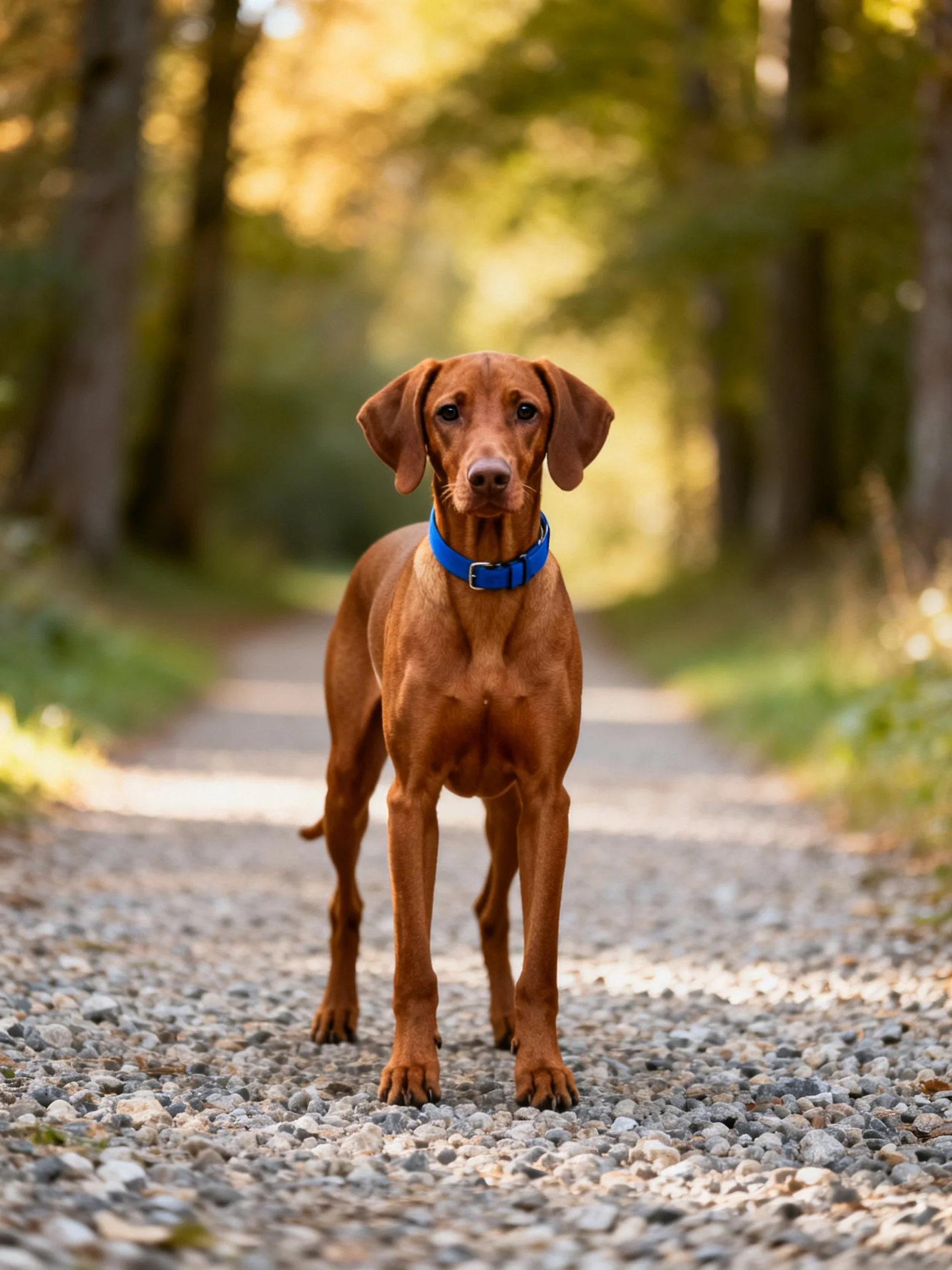 A brown dog wearing a blue collar stands on a sunlit gravel path near trees.