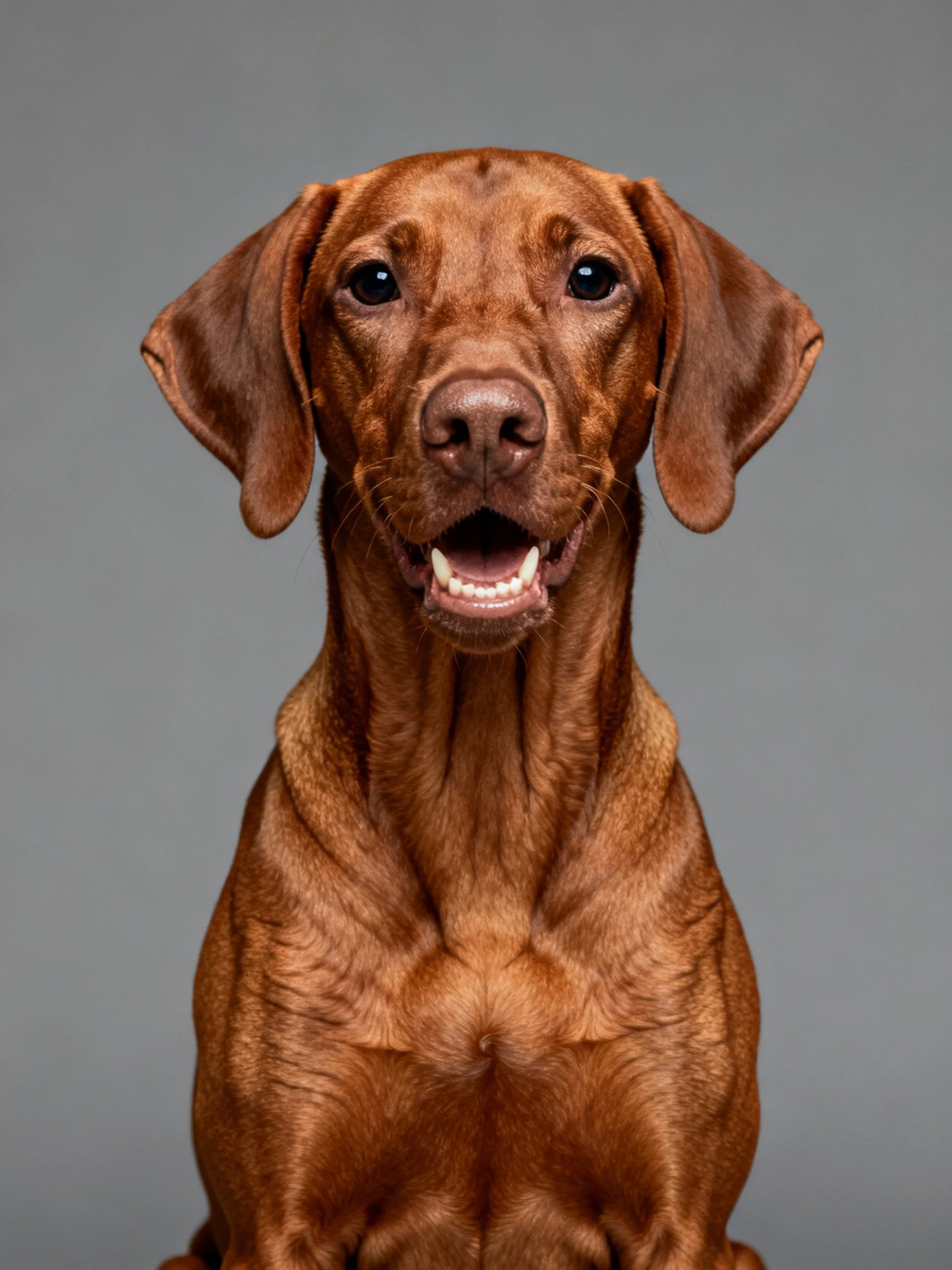 A brown dog with a glossy coat sits against a neutral gray background