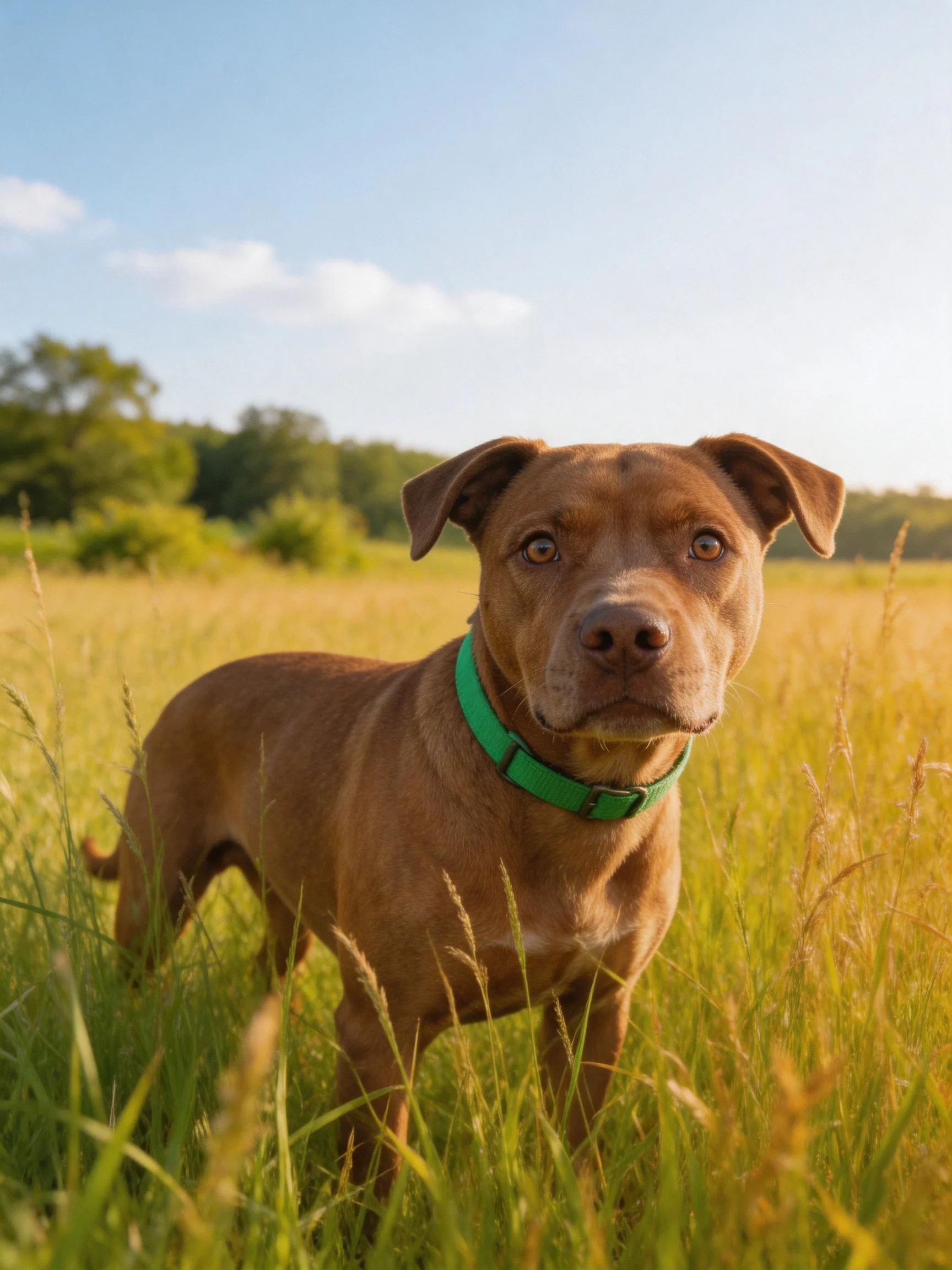 A brown dog with a green collar stands in a sunlit grassy field.