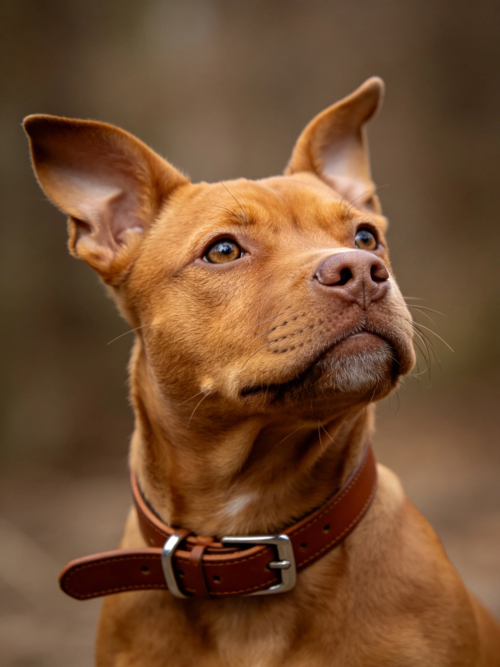 A brown dog with a leather collar gazes upward