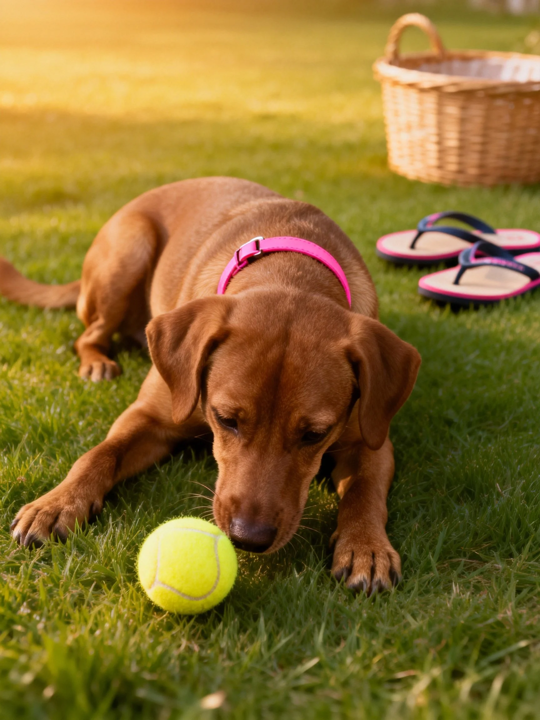 A brown dog interacts with a yellow tennis ball on a grassy area.
