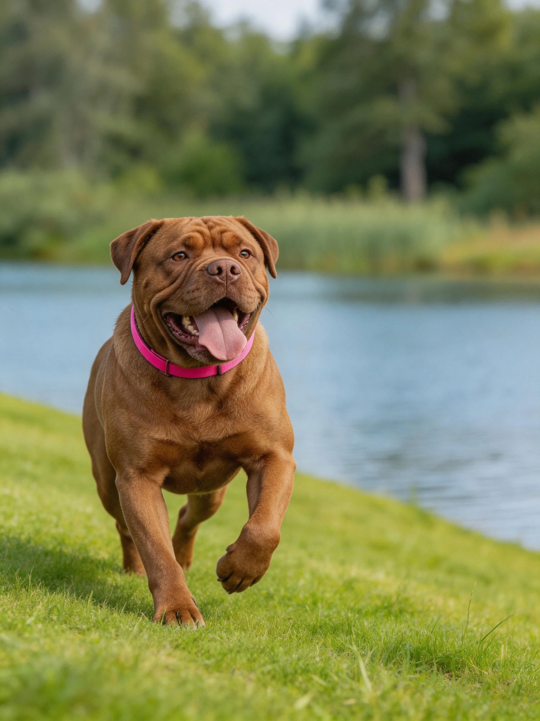 A brown dog with a pink collar runs joyfully near a lake.