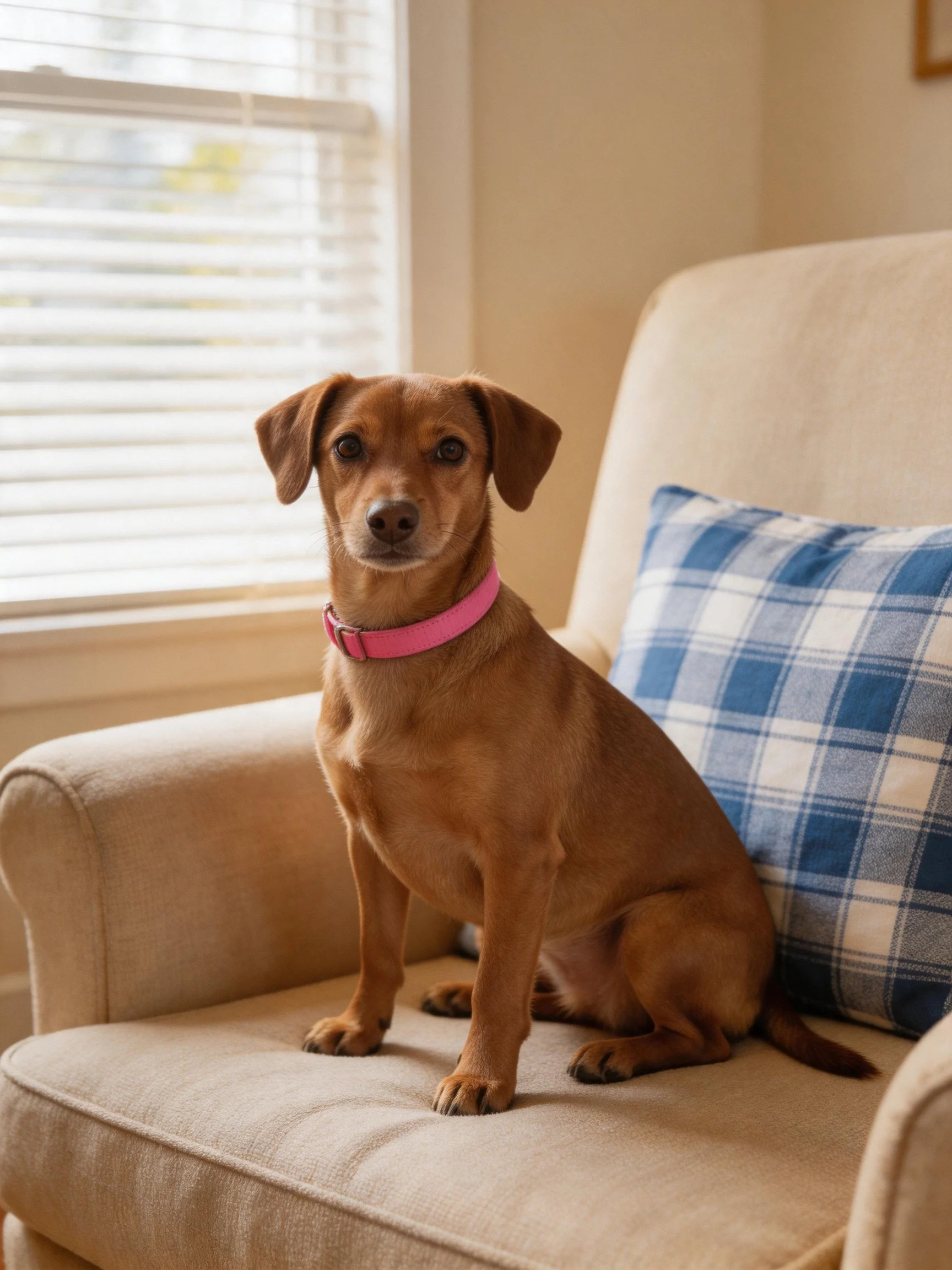 A brown dog wearing a pink collar sits calmly on a beige armchair next to a blue plaid pillow.