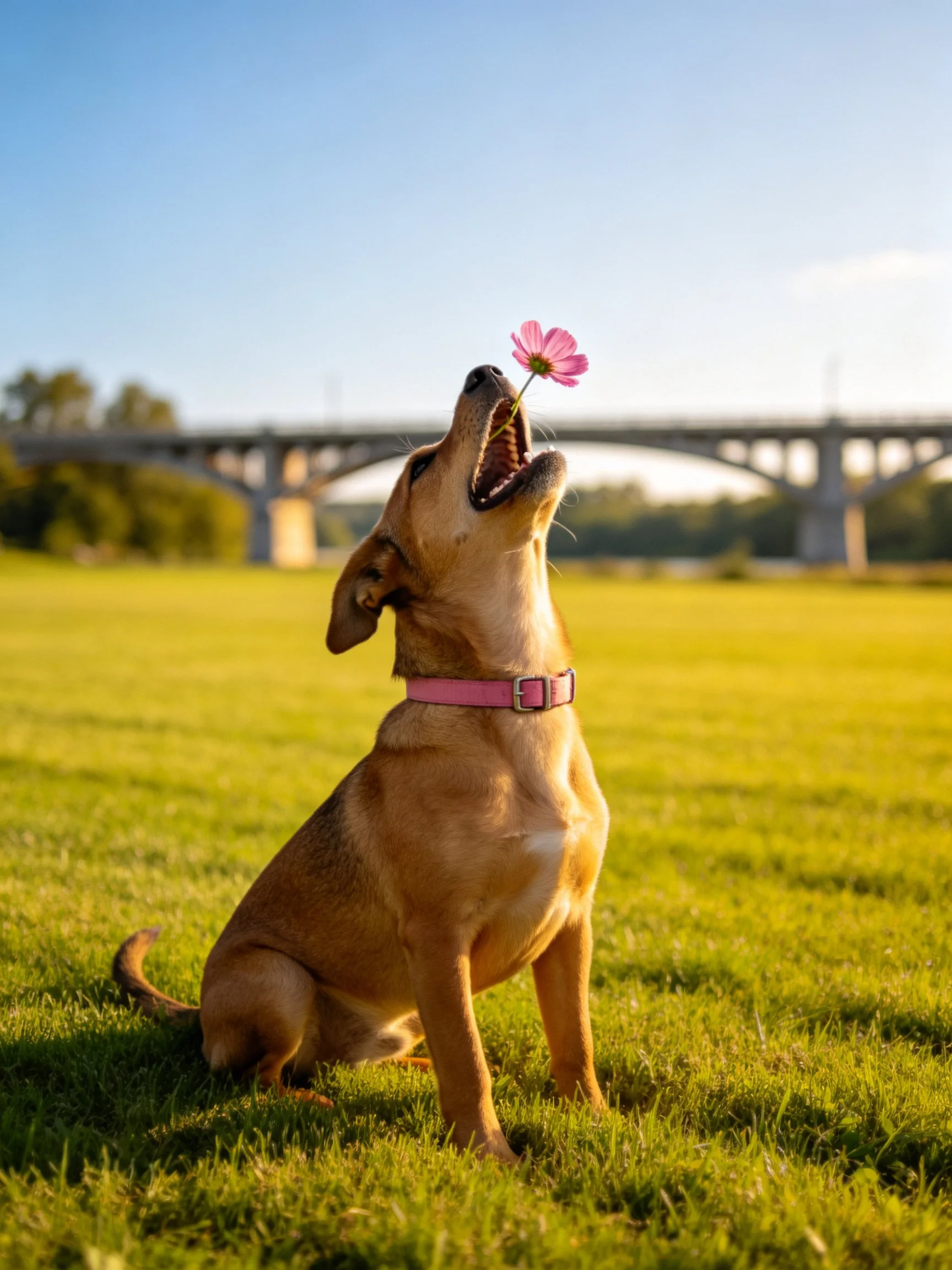 A brown dog with a pink collar sniffs a pink flower on green grass near a bridge
