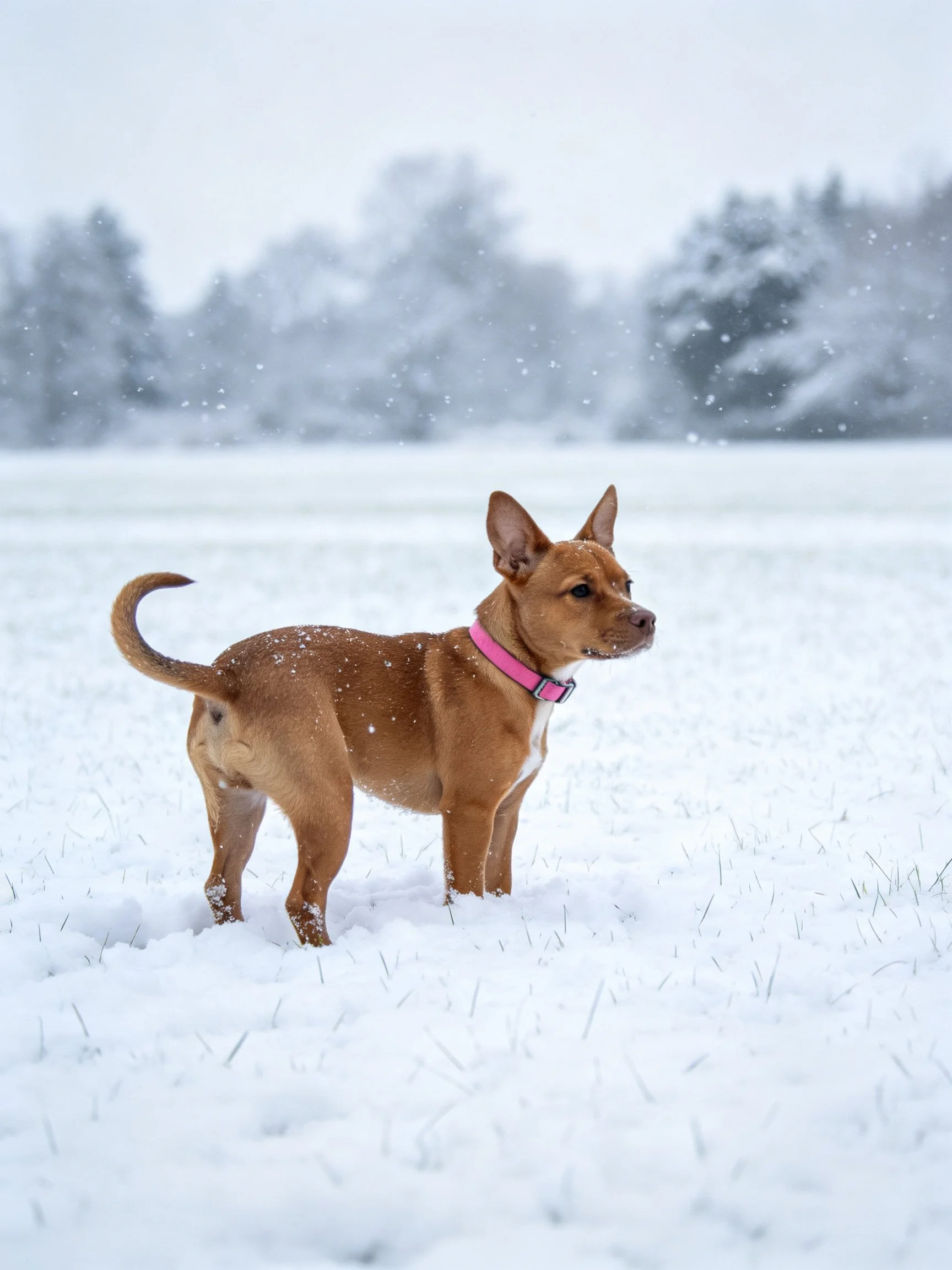 A brown dog with a pink collar stands in a snowy outdoor setting.
