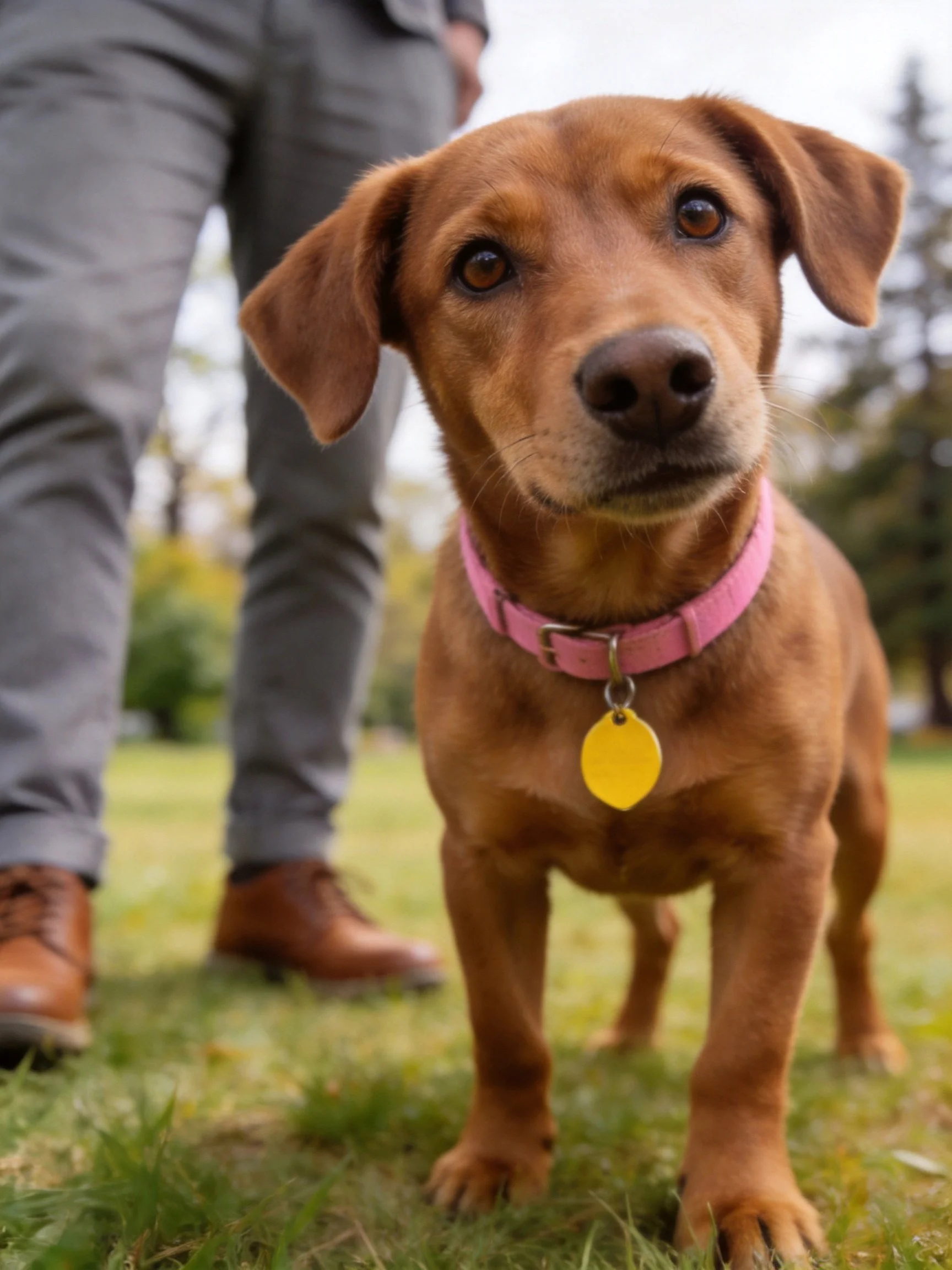 A brown dog with a pink collar stands near a person in gray pants outdoors