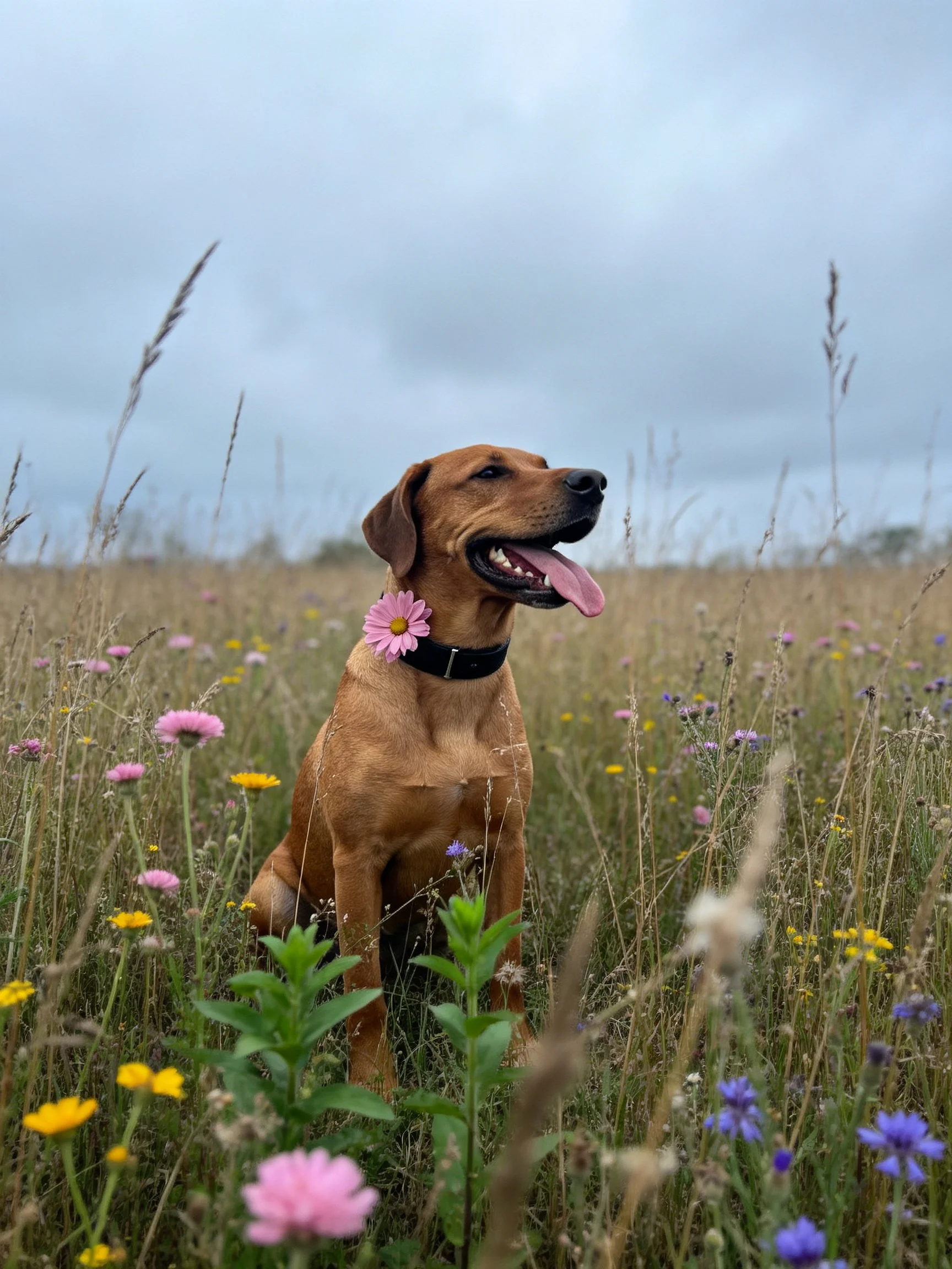 A brown dog with a pink flower collar in a wildflower meadow