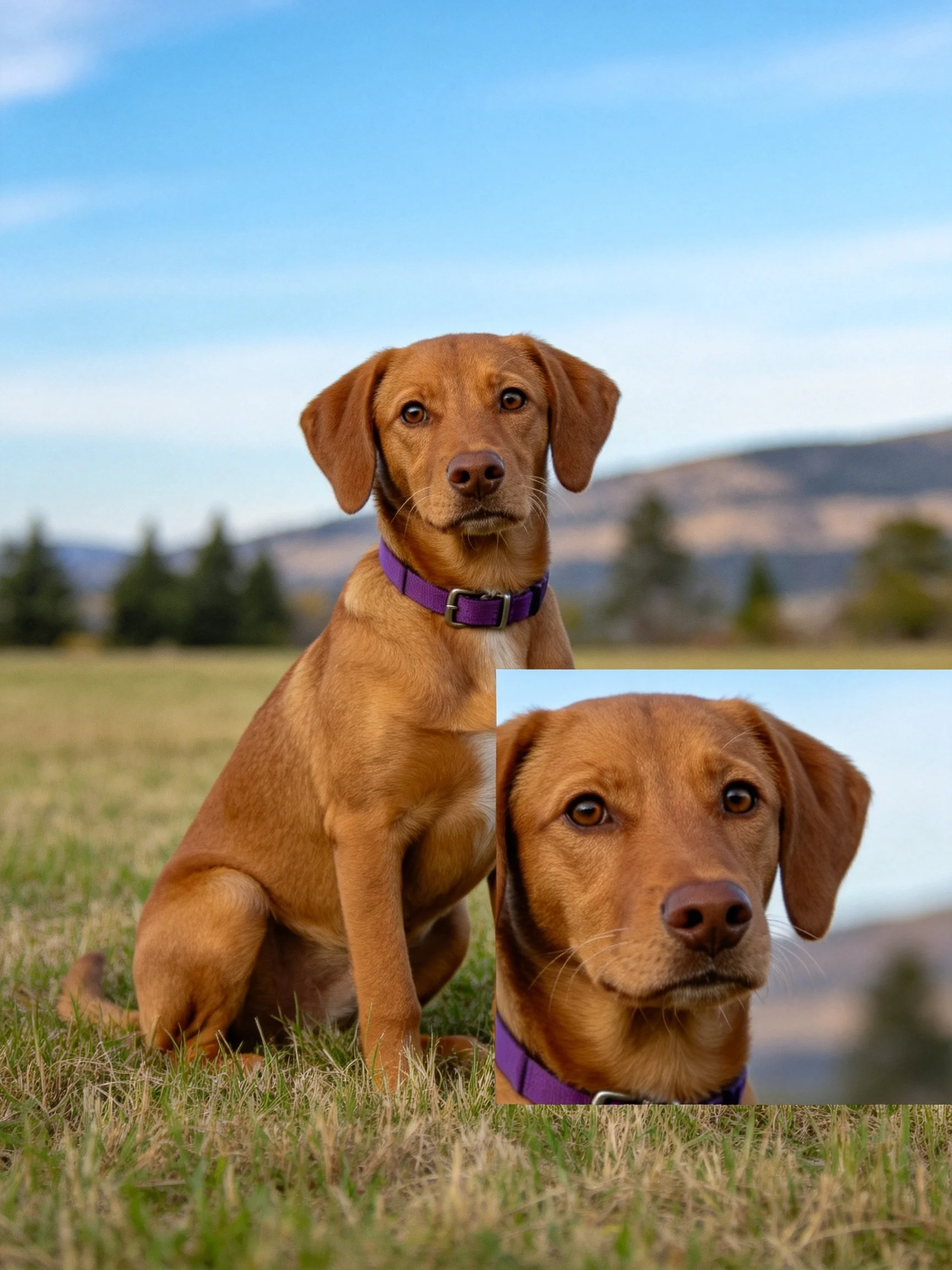 A brown dog with a purple collar sits outdoors, accompanied by a close-up inset of its face