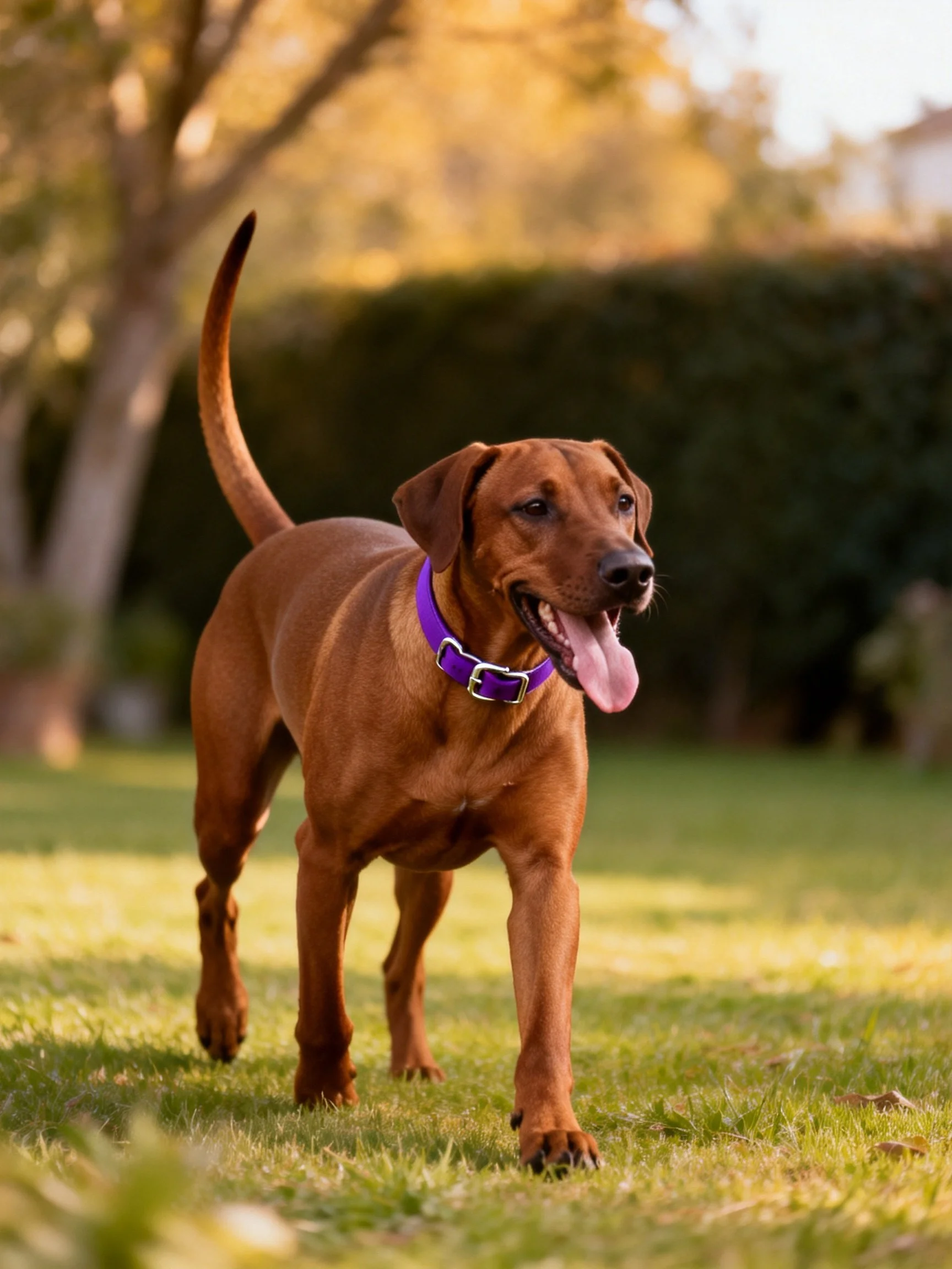 A brown dog with a purple collar enjoys an outdoor walk.