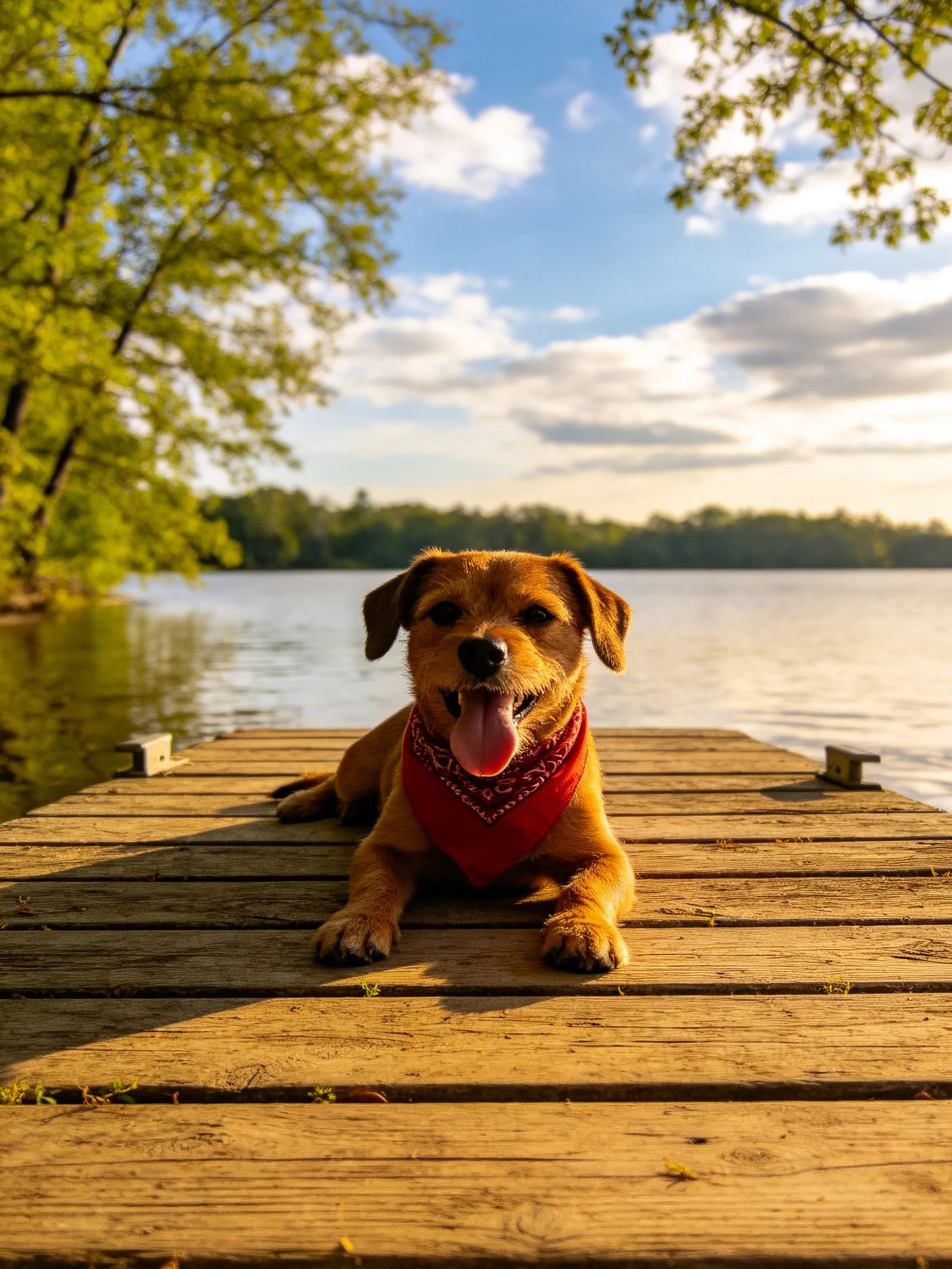 A brown dog with a red bandana rests on a wooden dock by a calm lake