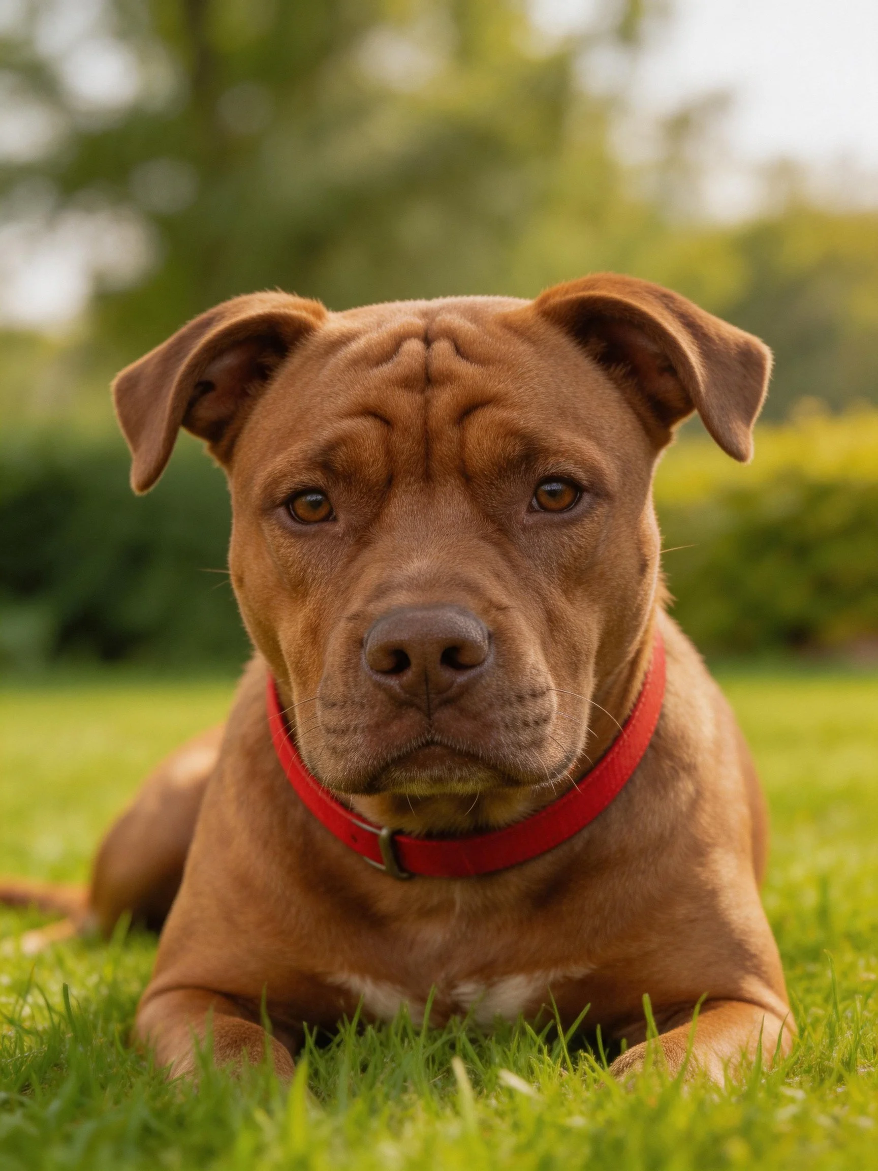 A brown dog with a red collar rests on green grass in an outdoor setting.