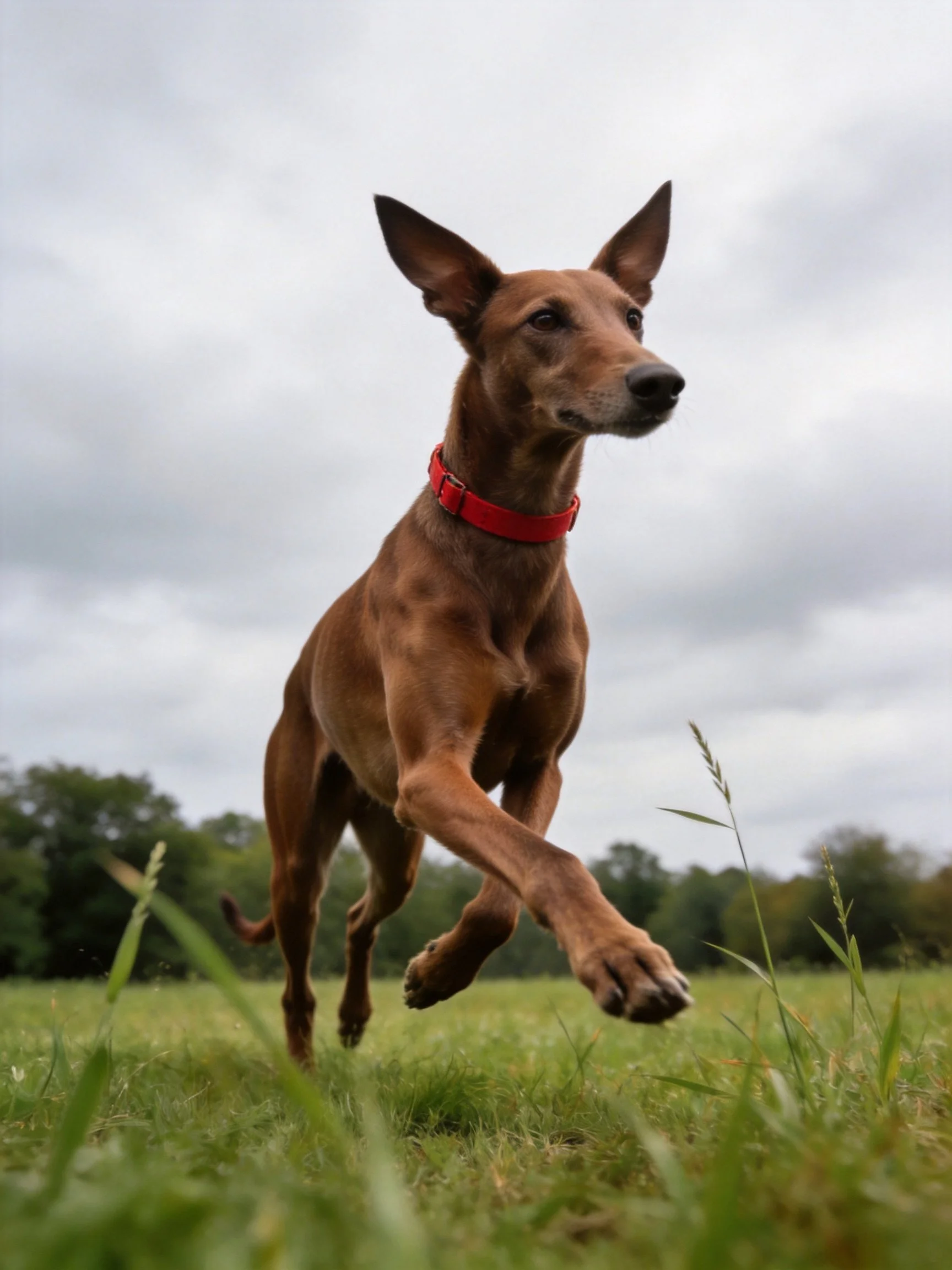 A brown dog with a red collar runs energetically through a grassy area.
