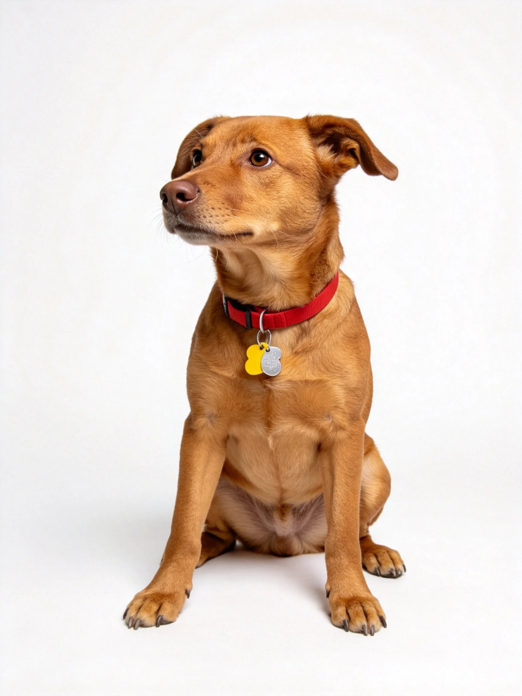 A brown dog with a red collar sitting against a white backdrop