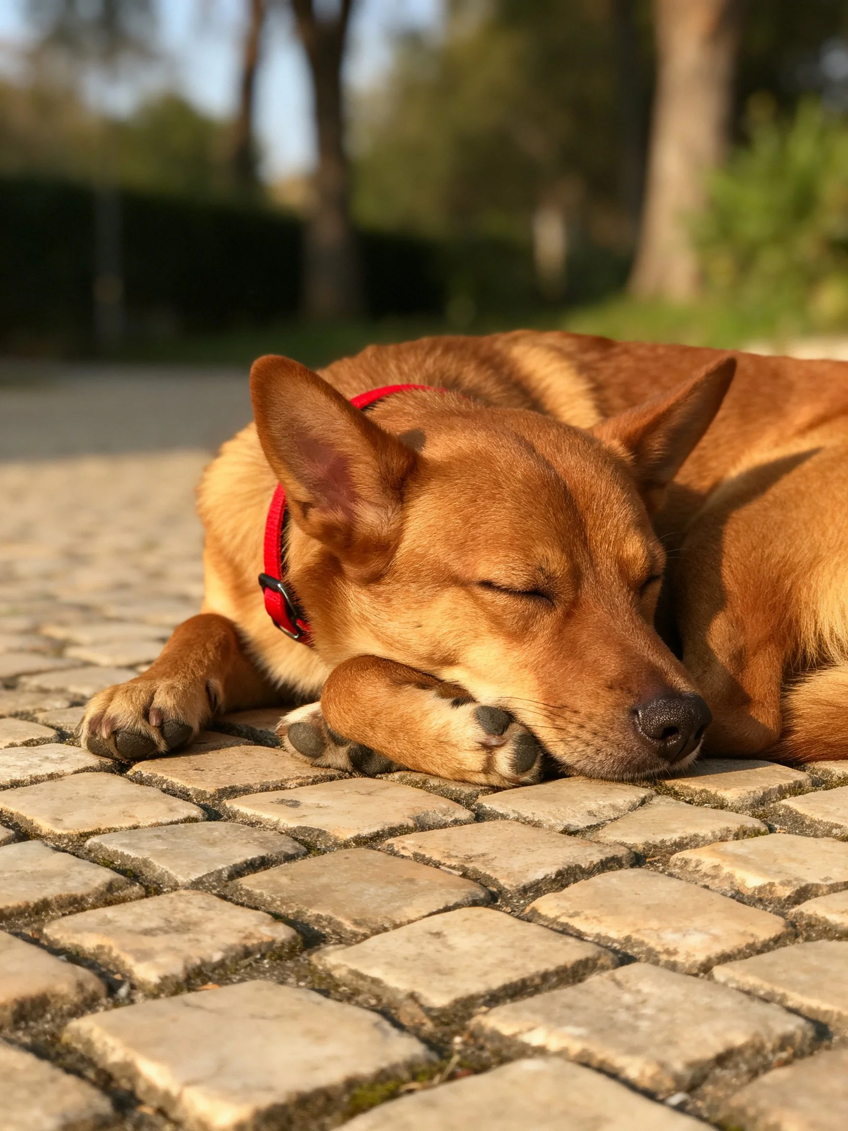 A brown dog with a red collar sleeps on cobblestone pavement outdoors