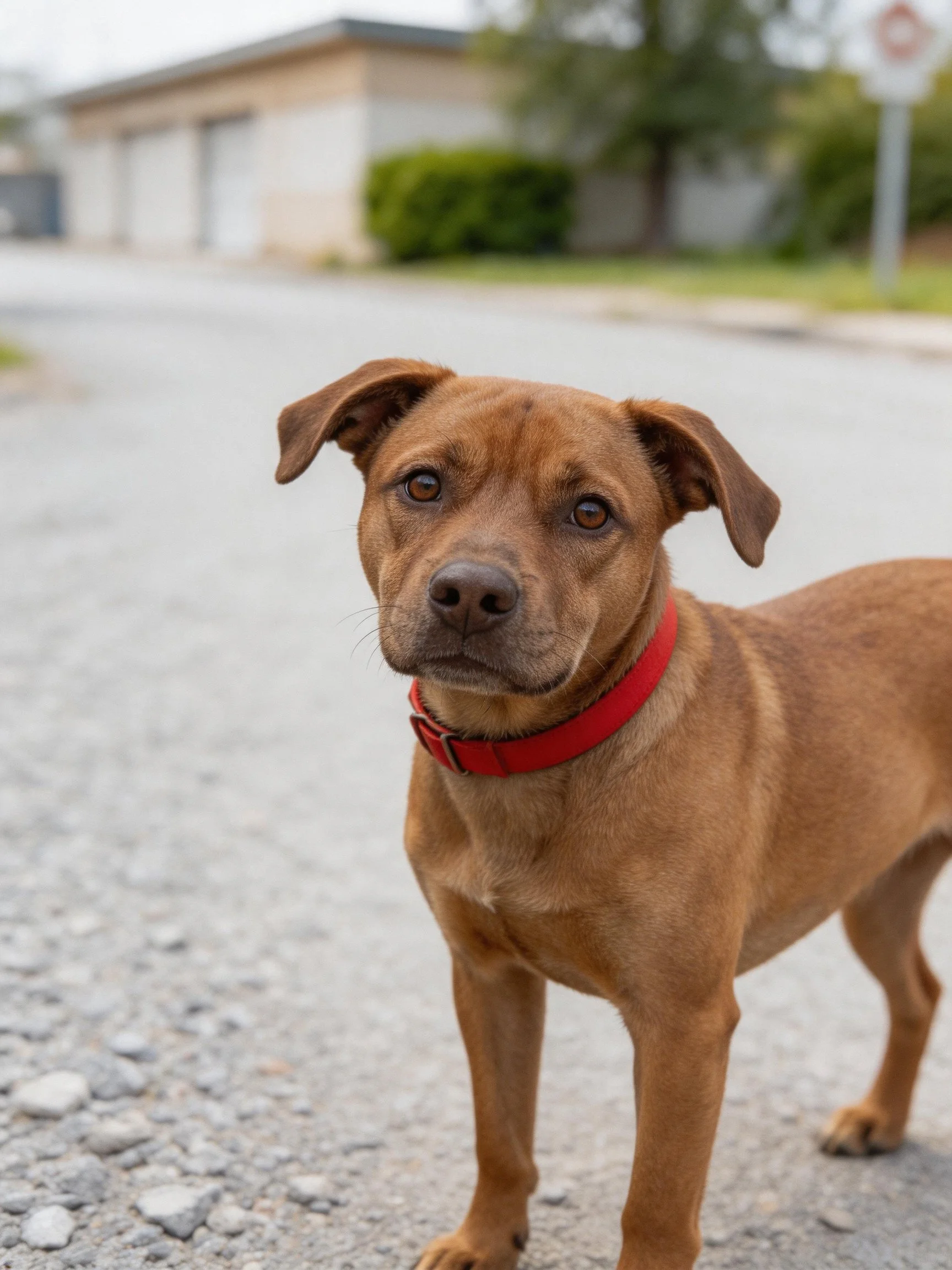 A brown dog with a red collar stands on a gravel road near a building