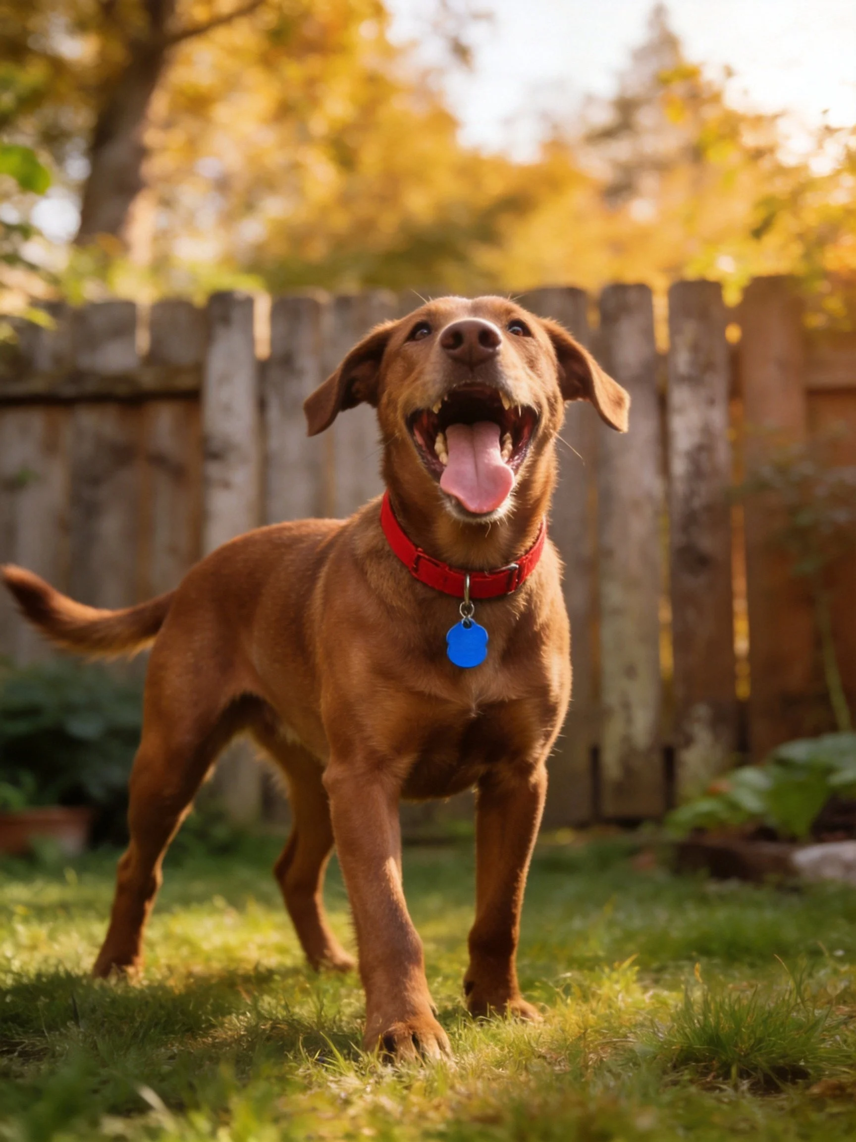 A brown dog with a red collar stands joyfully on grass beside a wooden fence.