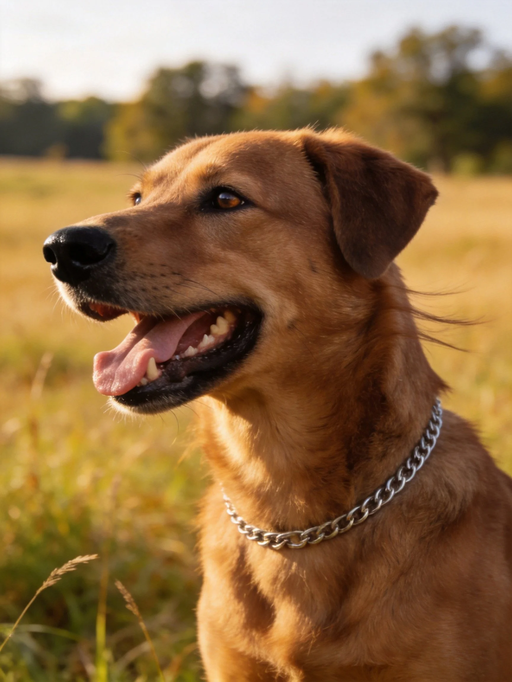 A brown dog with a silver chain collar in a sunlit field