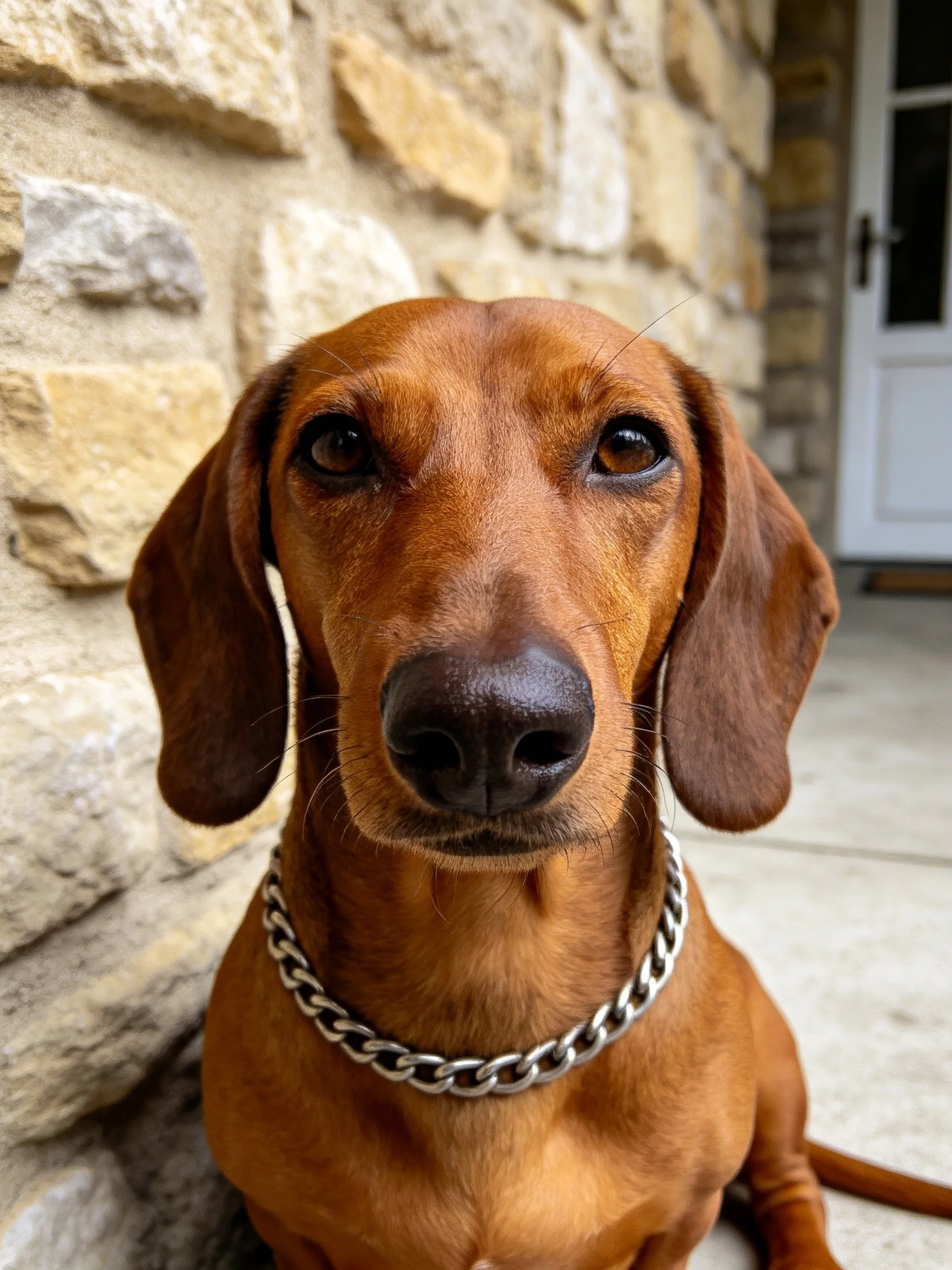A brown dog with a silver chain collar near a stone wall
