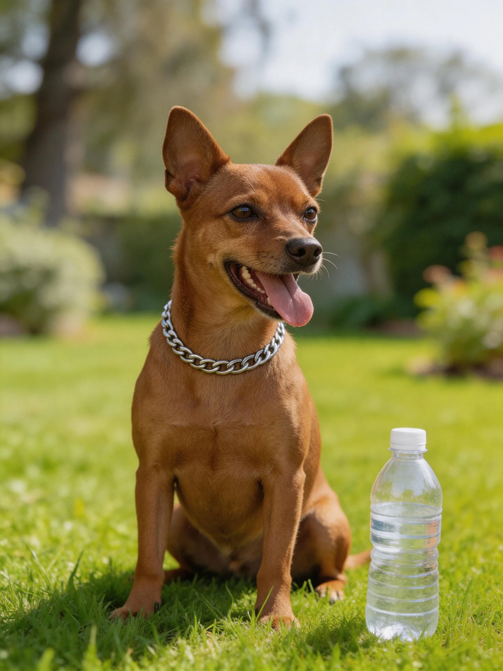 A brown dog with a silver chain collar sits beside a water bottle on grass