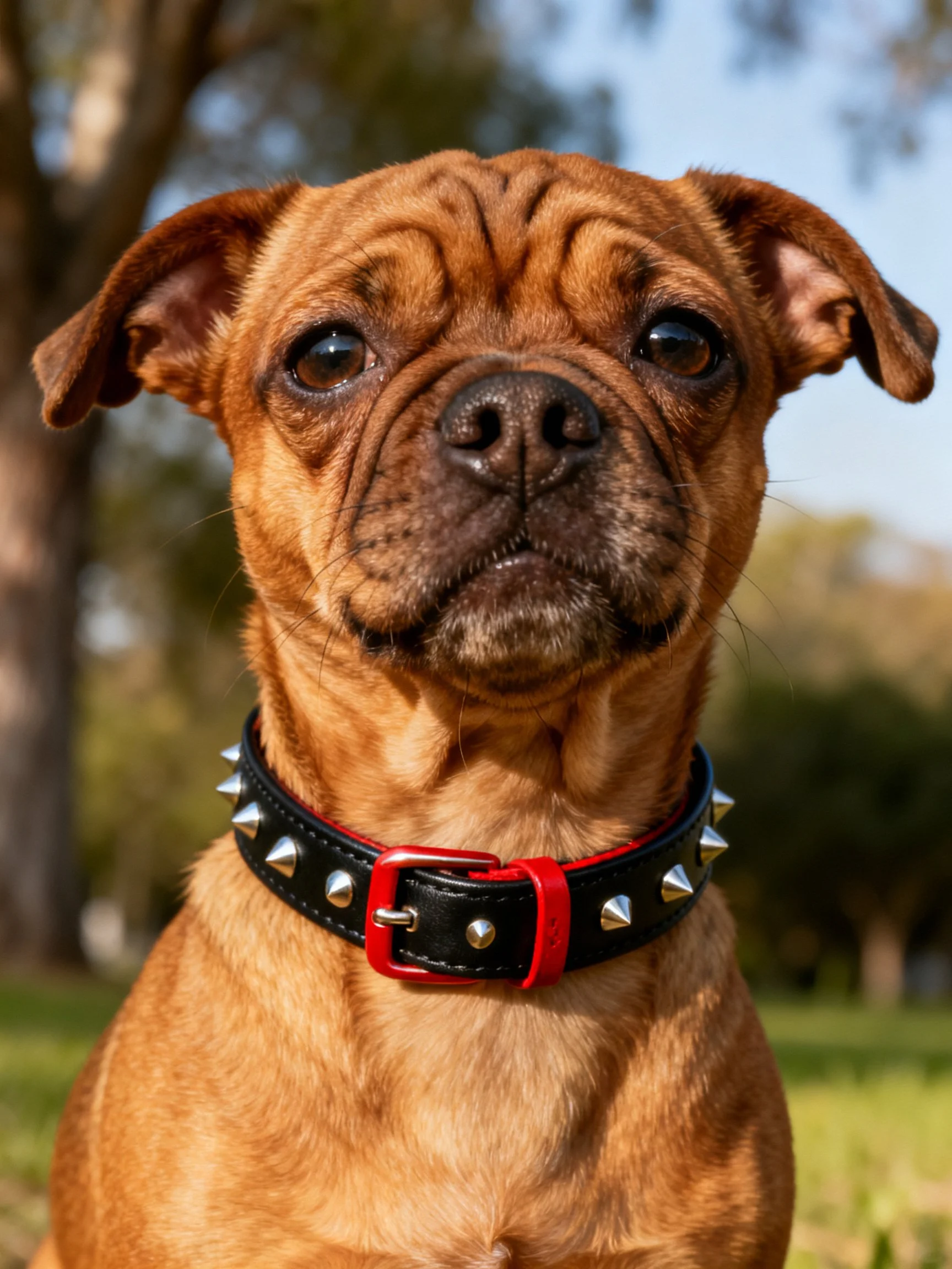 A brown dog with a spiked black collar and red buckle outdoors